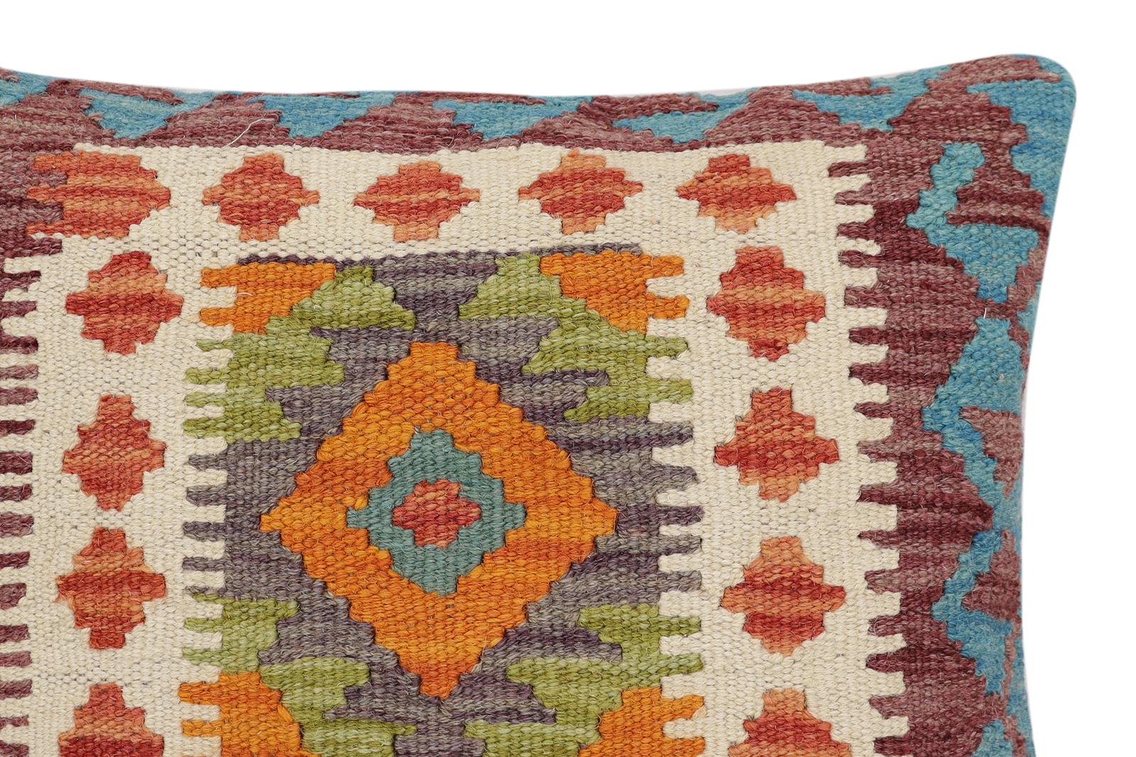 handmade Traditional Pillow Rust Blue Hand-Woven SQUARE 100% WOOL Hand woven turkish pillow2' x 2'