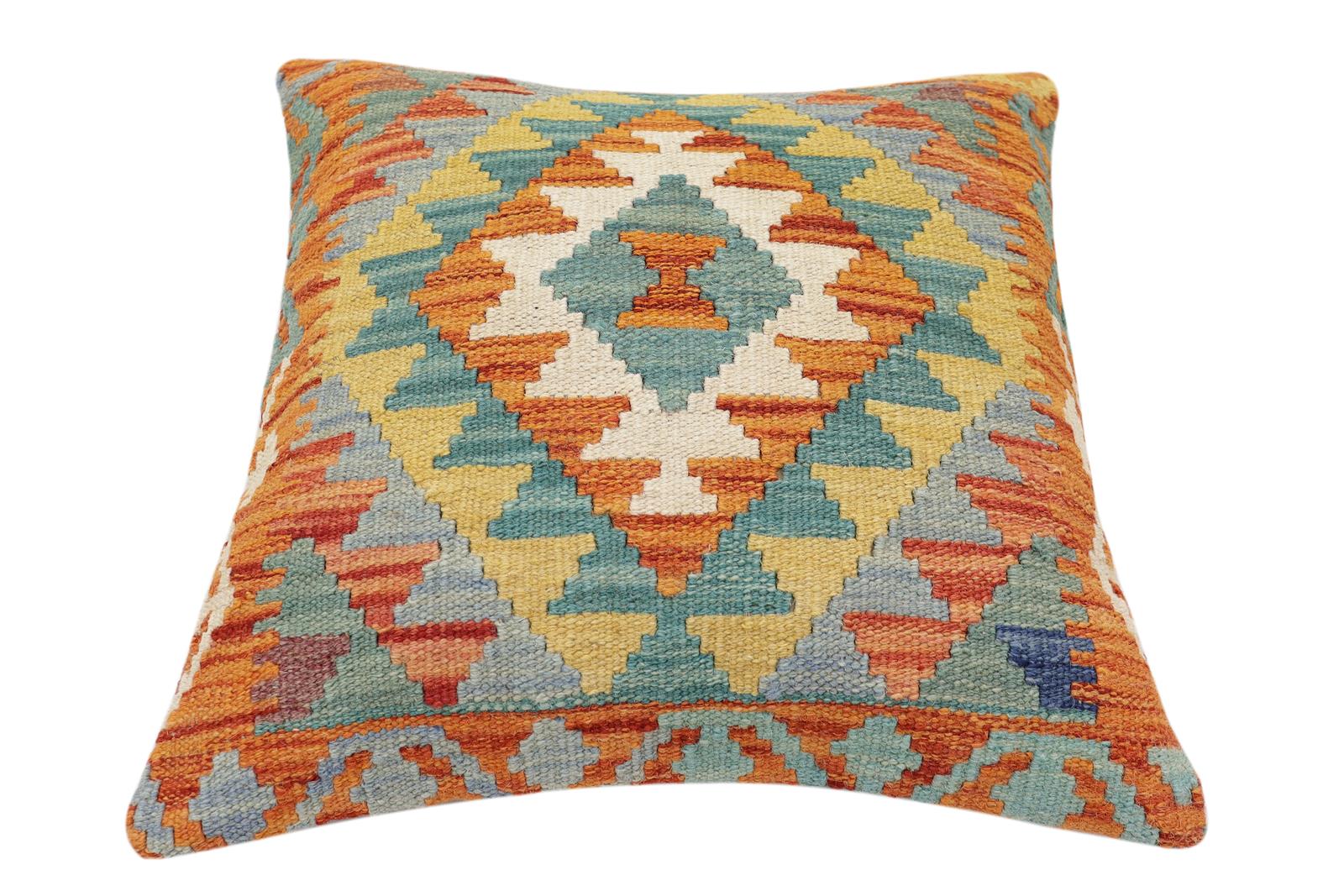 handmade Traditional Pillow Rust Blue Hand-Woven SQUARE 100% WOOL  Hand woven turkish pillow  2 x 2