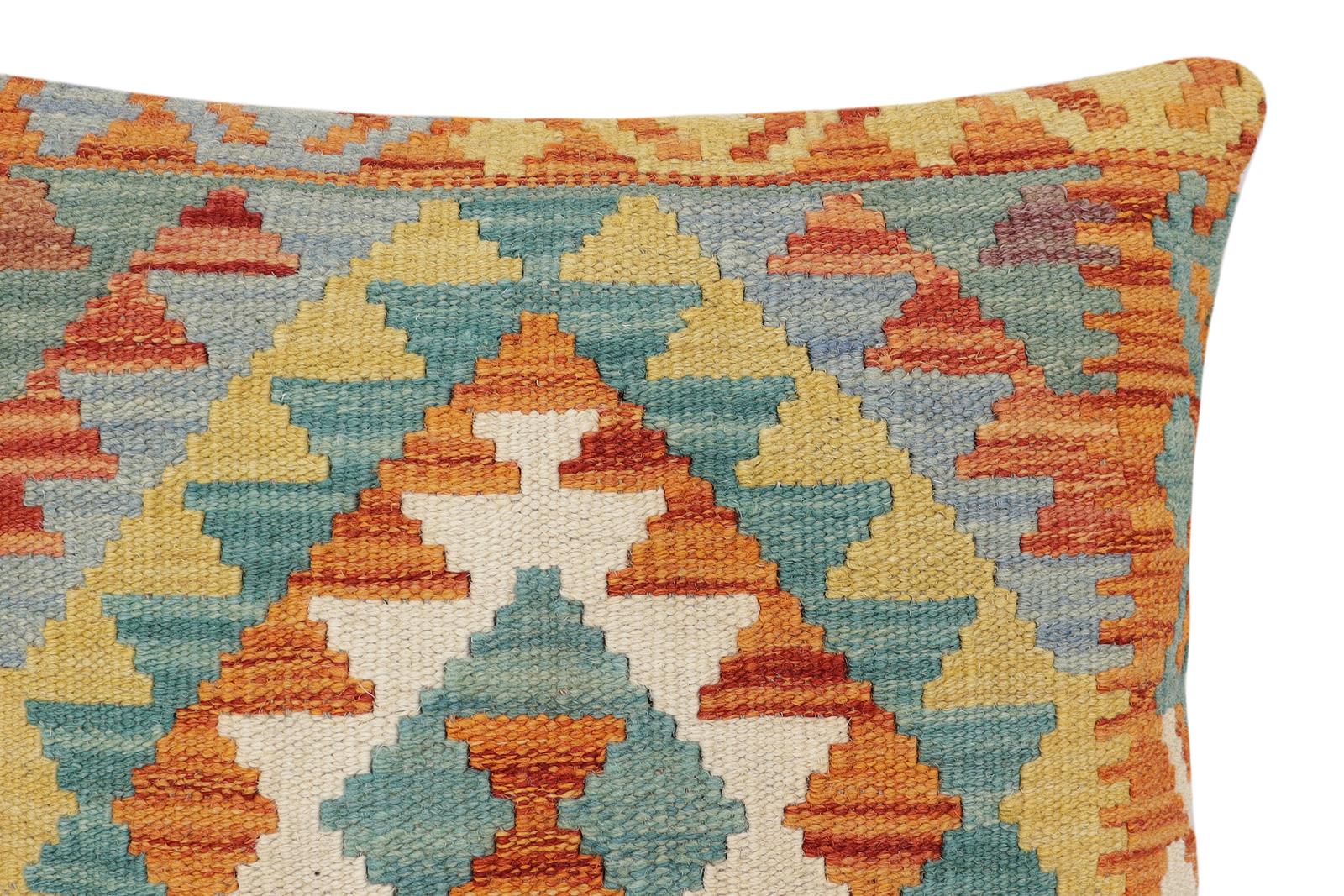 handmade Traditional Pillow Rust Blue Hand-Woven SQUARE 100% WOOL  Hand woven turkish pillow  2 x 2