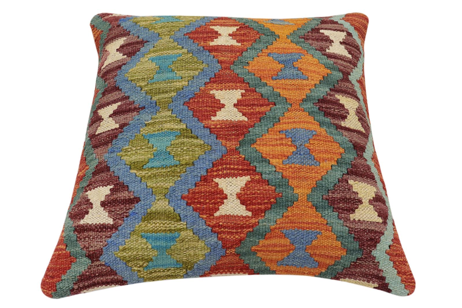 handmade Traditional Pillow Rust Blue Hand-Woven SQUARE 100% WOOL Hand woven turkish pillow2' x 2'