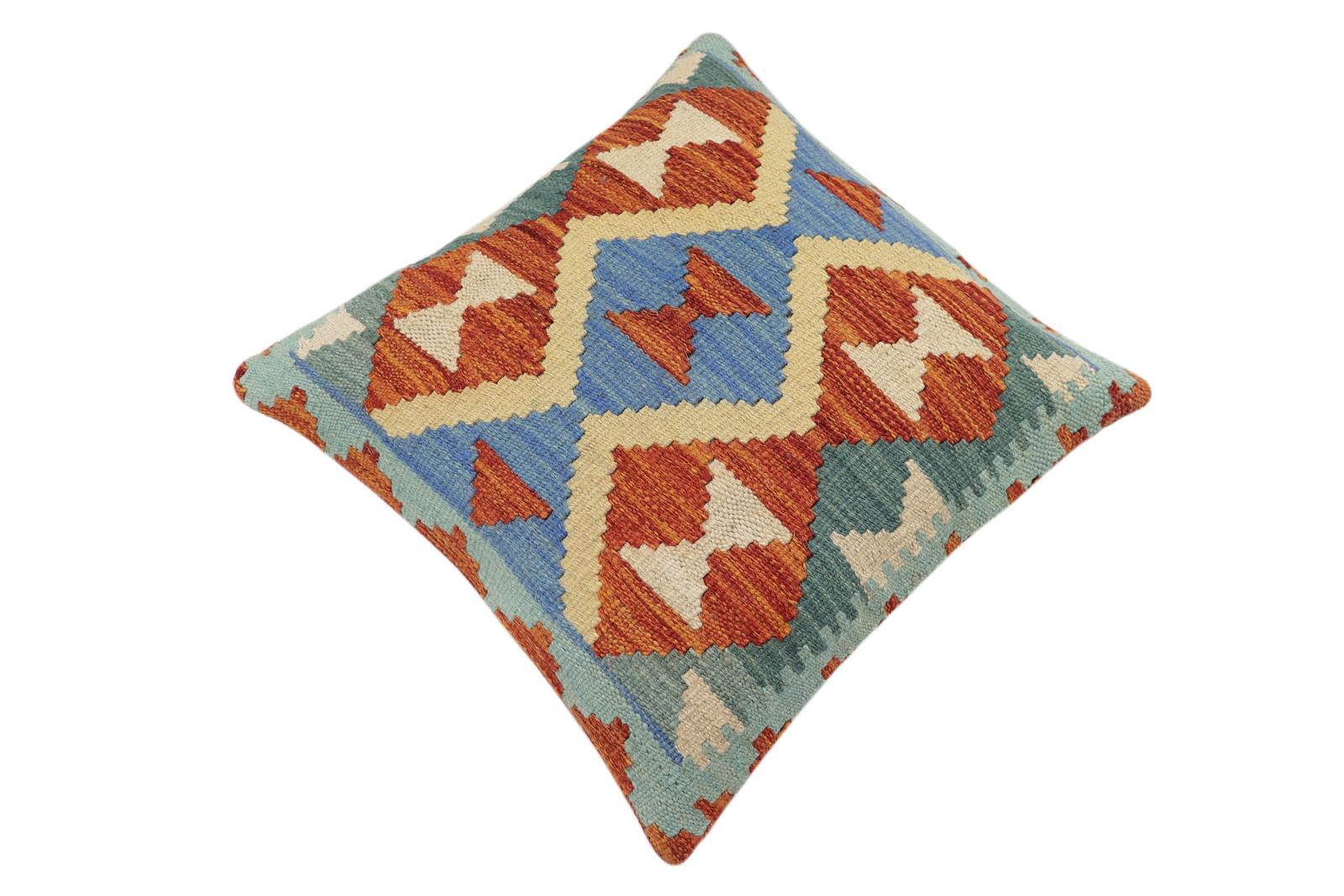handmade Traditional Pillow Rust Blue Hand-Woven SQUARE 100% WOOL Hand woven turkish pillow2' x 2'