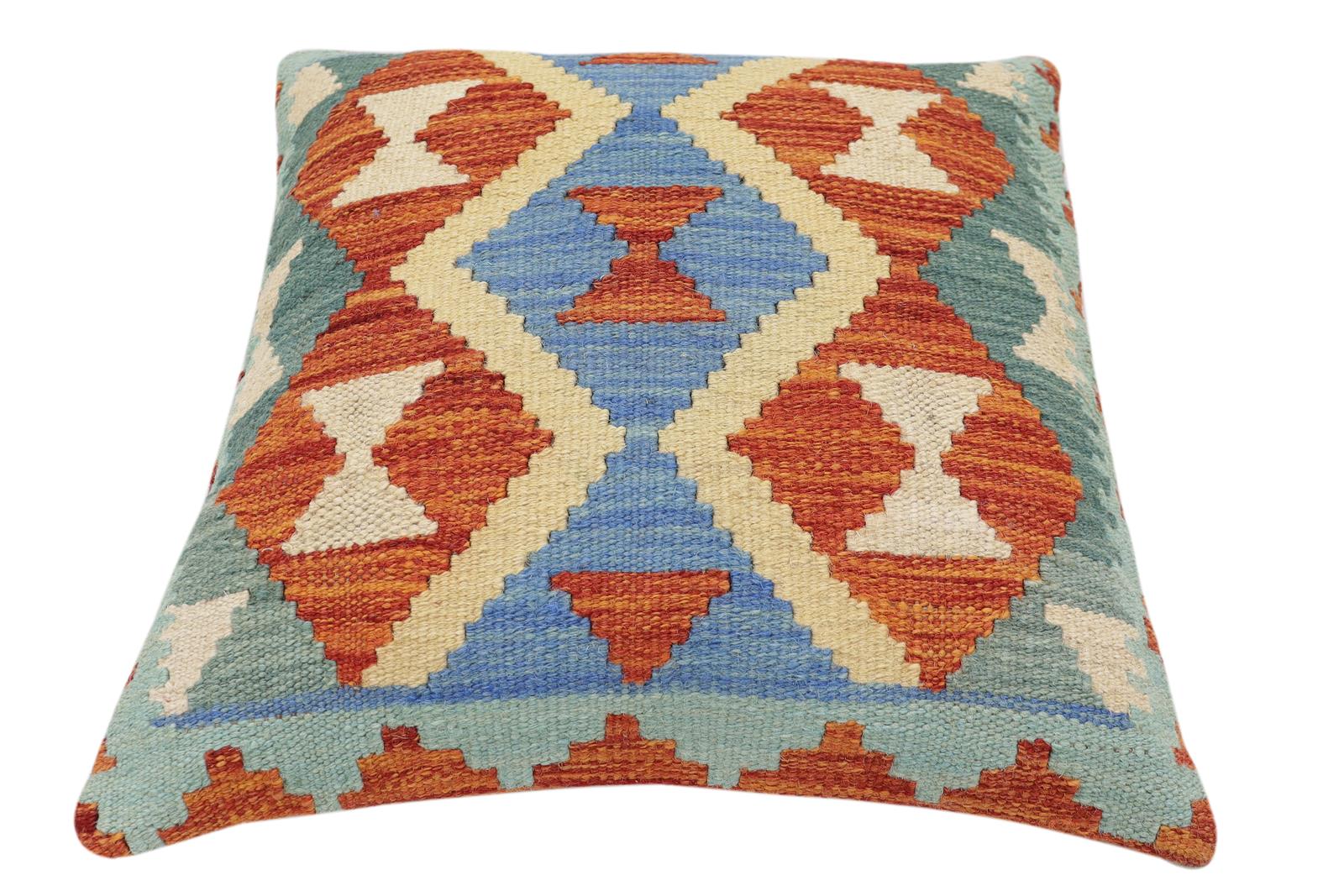 handmade Traditional Pillow Rust Blue Hand-Woven SQUARE 100% WOOL Hand woven turkish pillow2' x 2'
