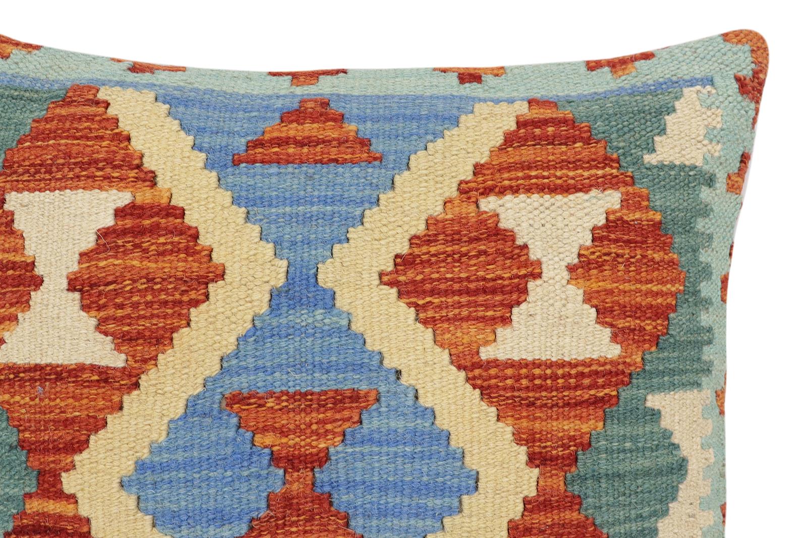 handmade Traditional Pillow Rust Blue Hand-Woven SQUARE 100% WOOL Hand woven turkish pillow2' x 2'