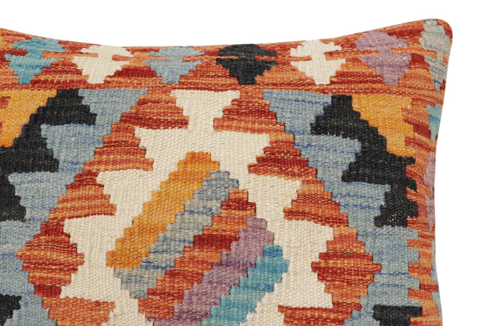 handmade Traditional Pillow Rust Blue Hand-Woven SQUARE 100% WOOL  Hand woven turkish pillow  3 x 5