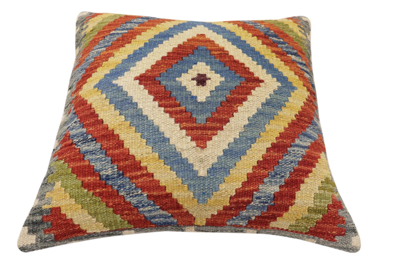 handmade Traditional Pillow Rust Blue Hand-Woven SQUARE 100% WOOL Hand woven turkish pillow2' x 2'