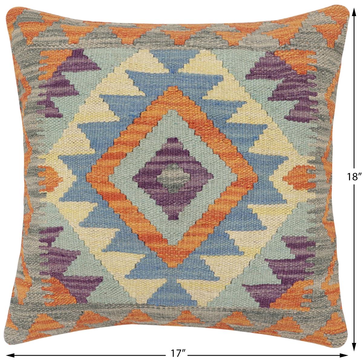 handmade Traditional Pillow Rust Blue Hand-Woven SQUARE 100% WOOL  Hand woven turkish pillow  2 x 2