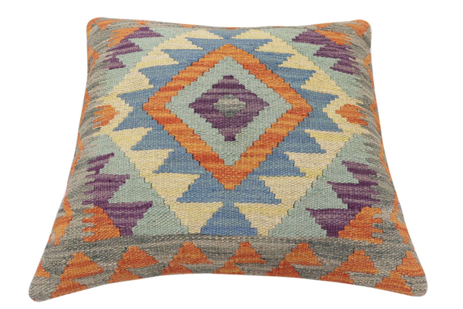 handmade Traditional Pillow Rust Blue Hand-Woven SQUARE 100% WOOL  Hand woven turkish pillow  2 x 2