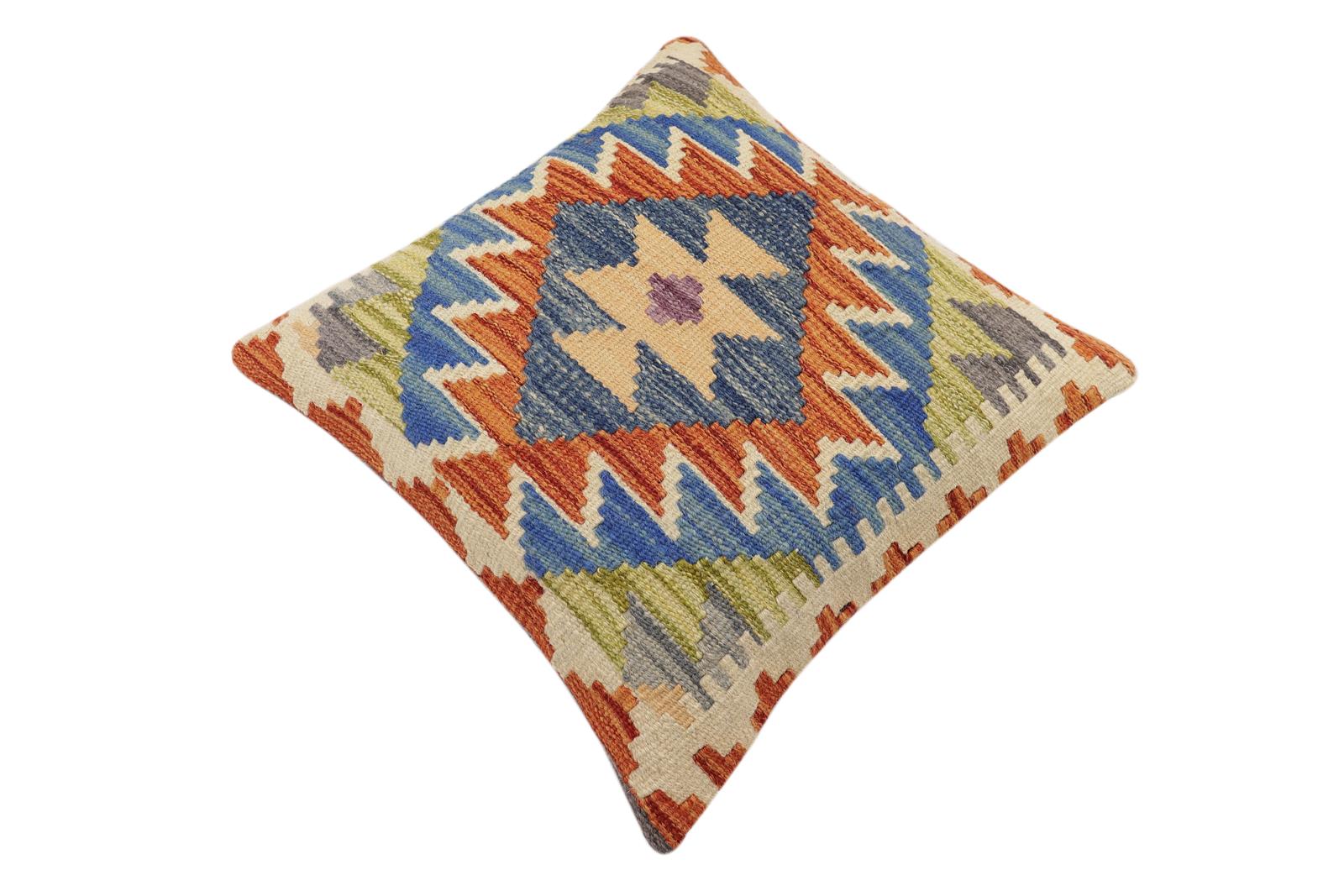 handmade Traditional Pillow Rust Blue Hand-Woven SQUARE 100% WOOL Hand woven turkish pillow2' x 2'