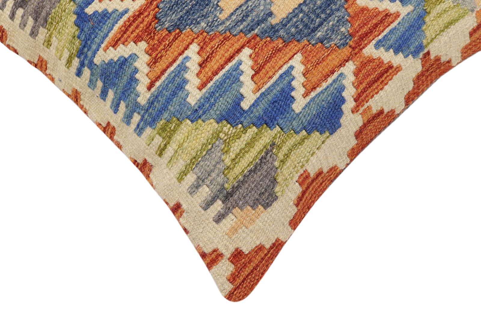 handmade Traditional Pillow Rust Blue Hand-Woven SQUARE 100% WOOL Hand woven turkish pillow2' x 2'