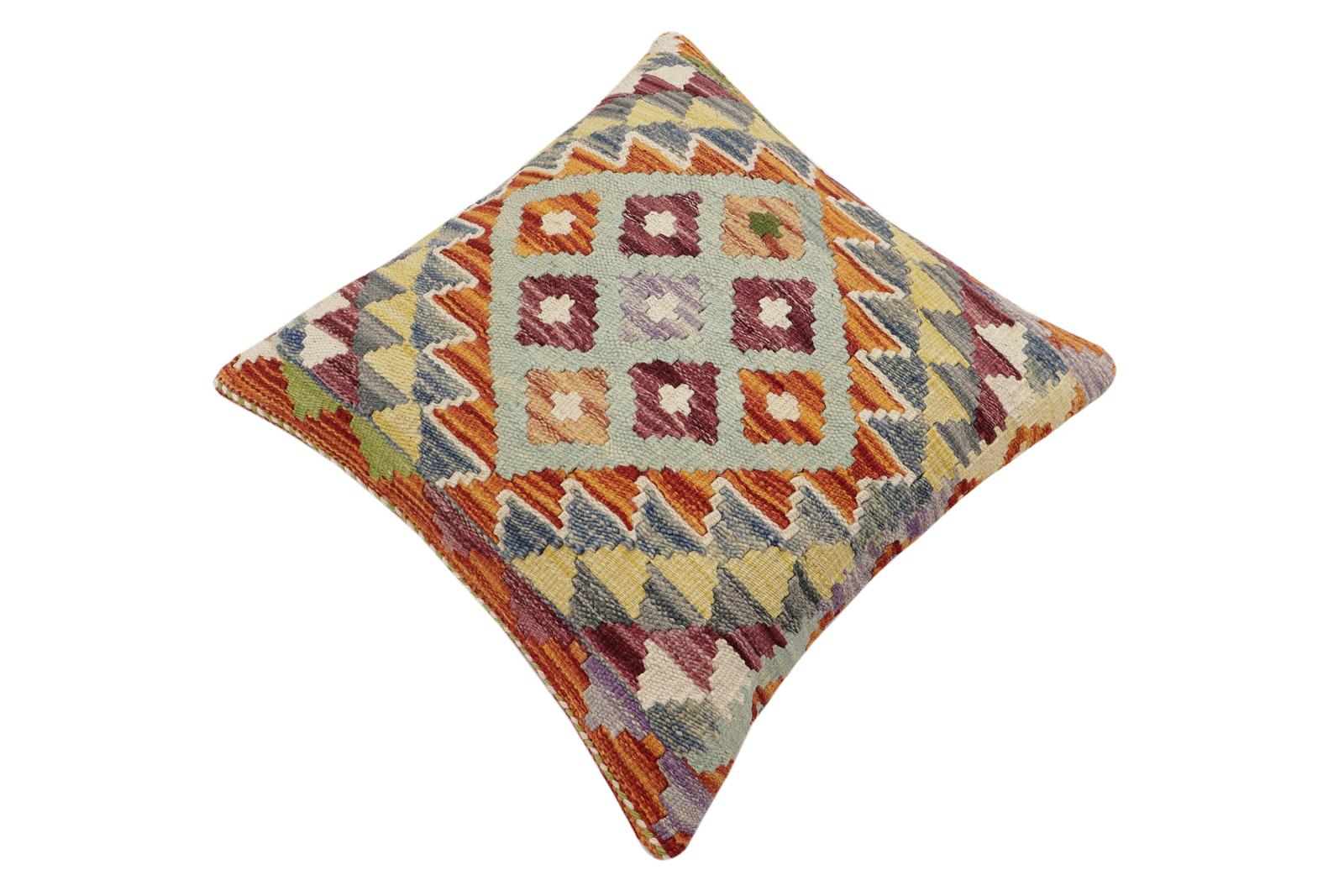 handmade Traditional Pillow Rust Blue Hand-Woven SQUARE 100% WOOL Hand woven turkish pillow2' x 2'