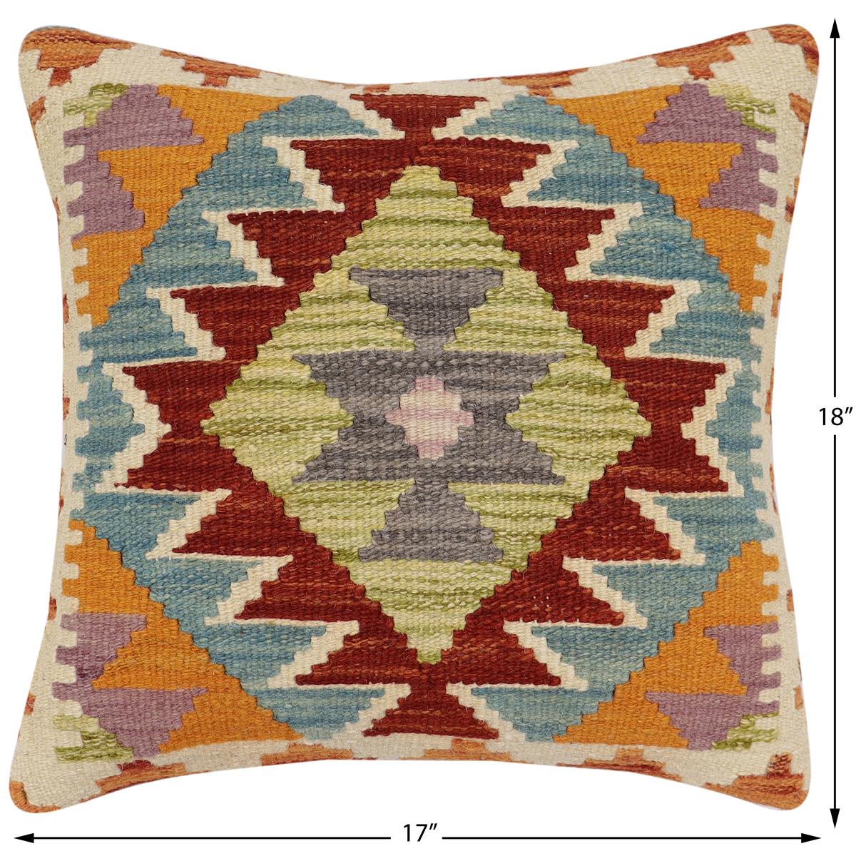 handmade Traditional Pillow Rust Blue Hand-Woven SQUARE 100% WOOL  Hand woven turkish pillow  2 x 2