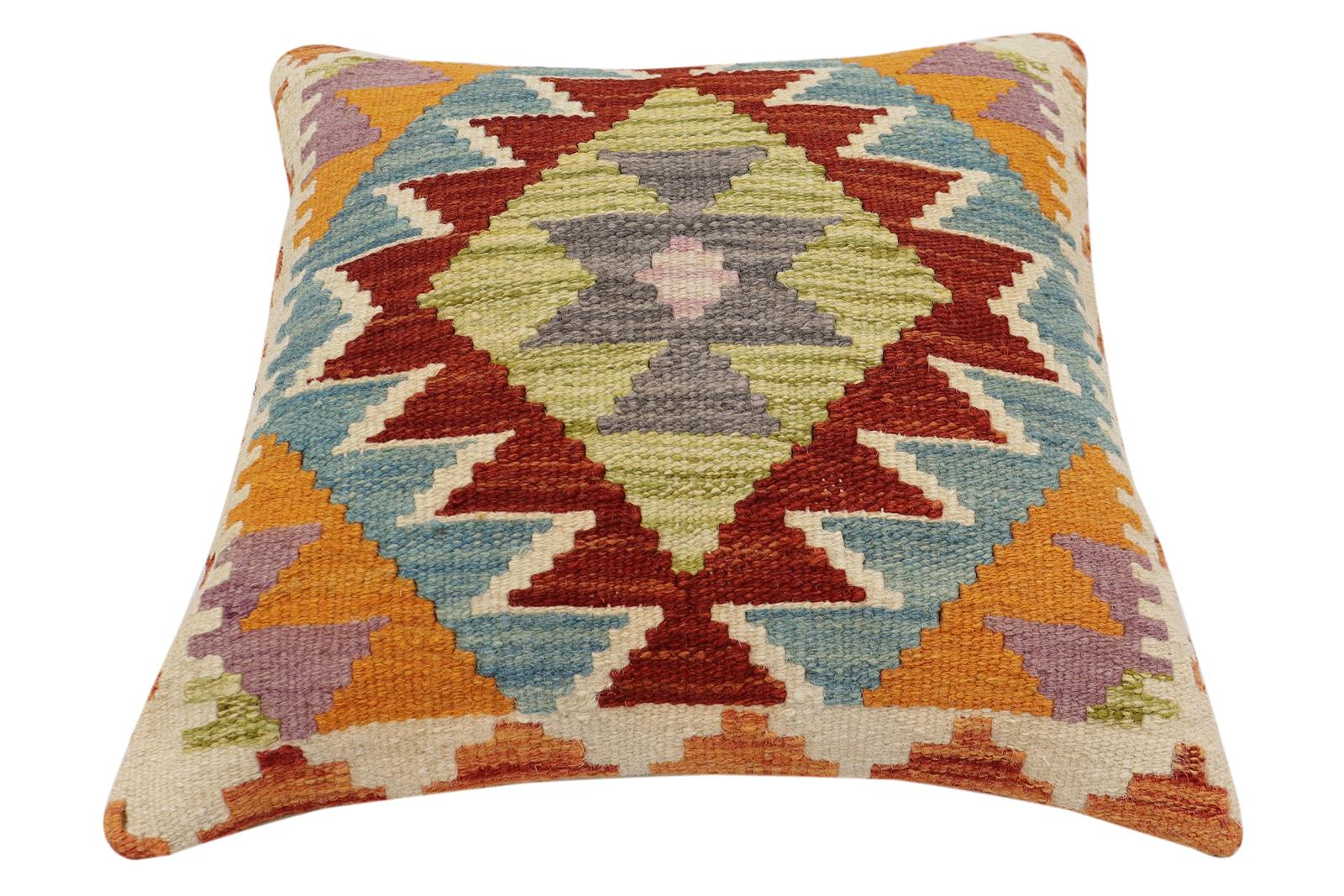 handmade Traditional Pillow Rust Blue Hand-Woven SQUARE 100% WOOL  Hand woven turkish pillow  2 x 2
