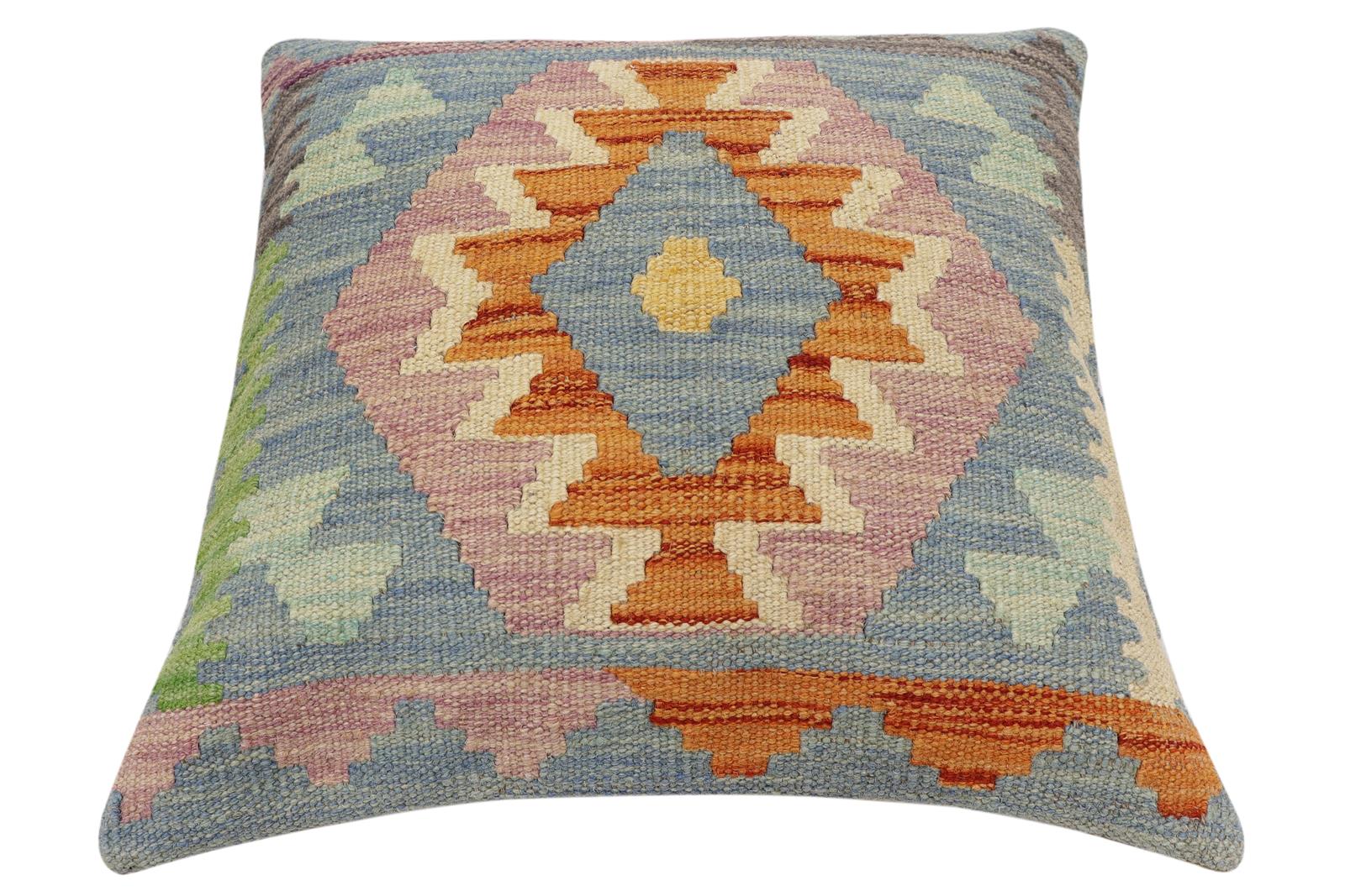 handmade Traditional Pillow Rust Blue Hand-Woven SQUARE 100% WOOL Hand woven turkish pillow2' x 2'
