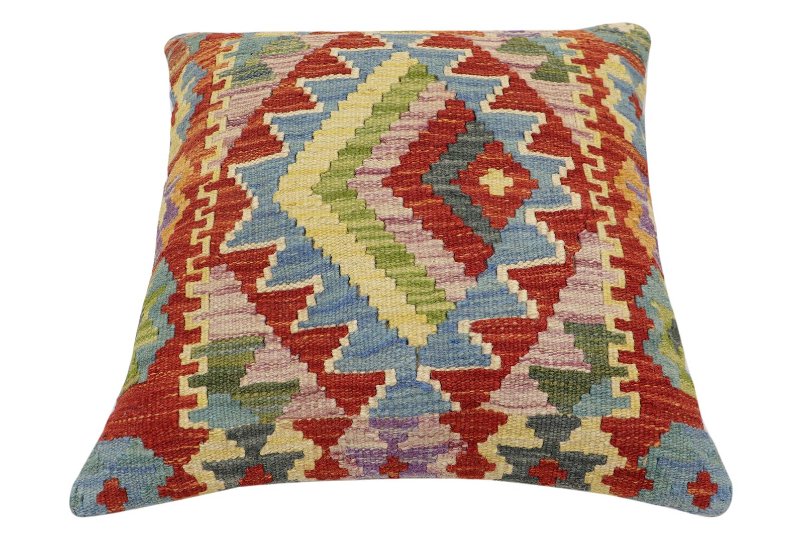 handmade Traditional Pillow Rust Blue Hand-Woven SQUARE 100% WOOL Hand woven turkish pillow2' x 2'