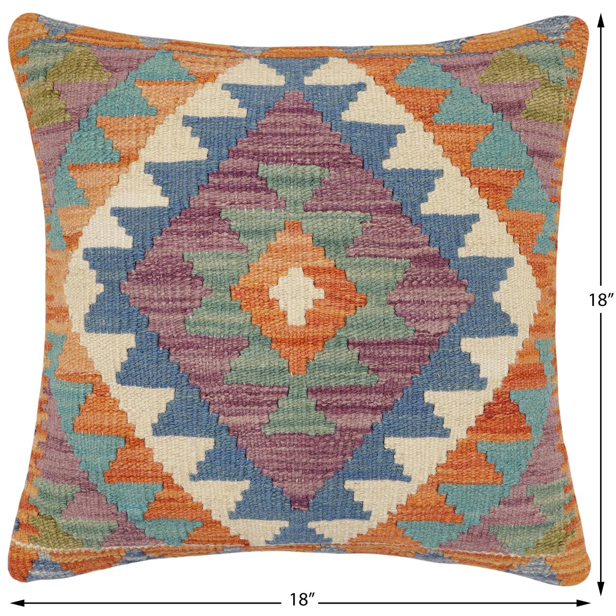 handmade Traditional Pillow Rust Blue Hand-Woven SQUARE 100% WOOL  Hand woven turkish pillow  2 x 2