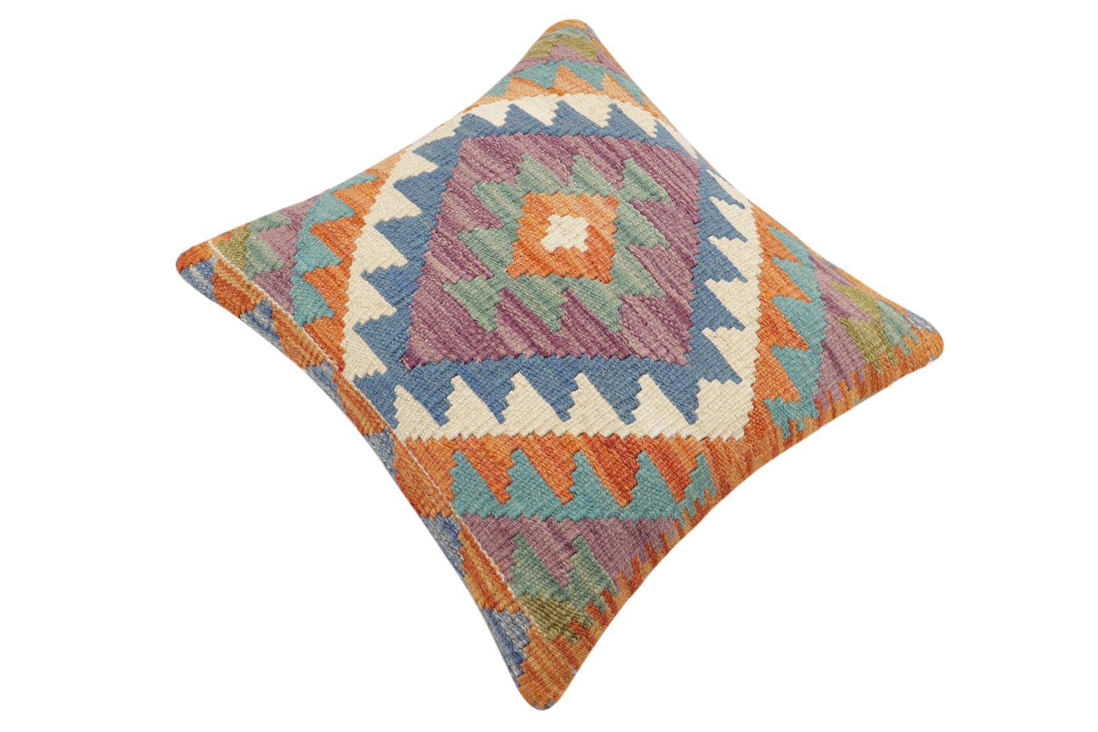 handmade Traditional Pillow Rust Blue Hand-Woven SQUARE 100% WOOL  Hand woven turkish pillow  2 x 2