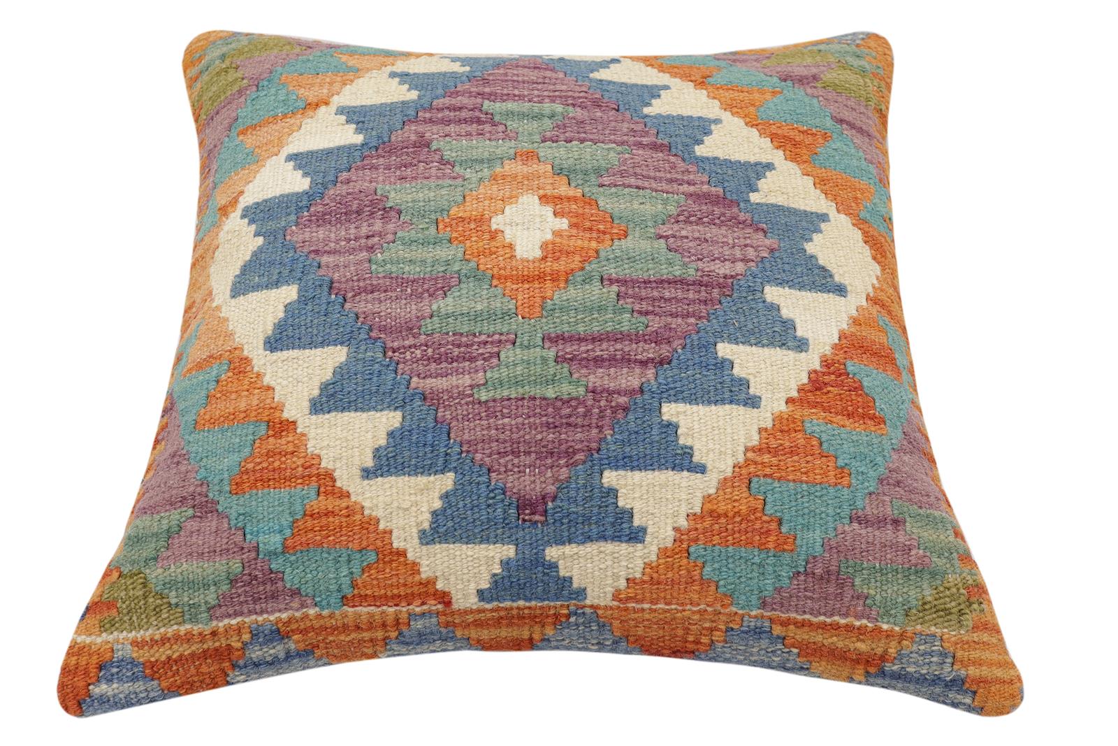 handmade Traditional Pillow Rust Blue Hand-Woven SQUARE 100% WOOL  Hand woven turkish pillow  2 x 2