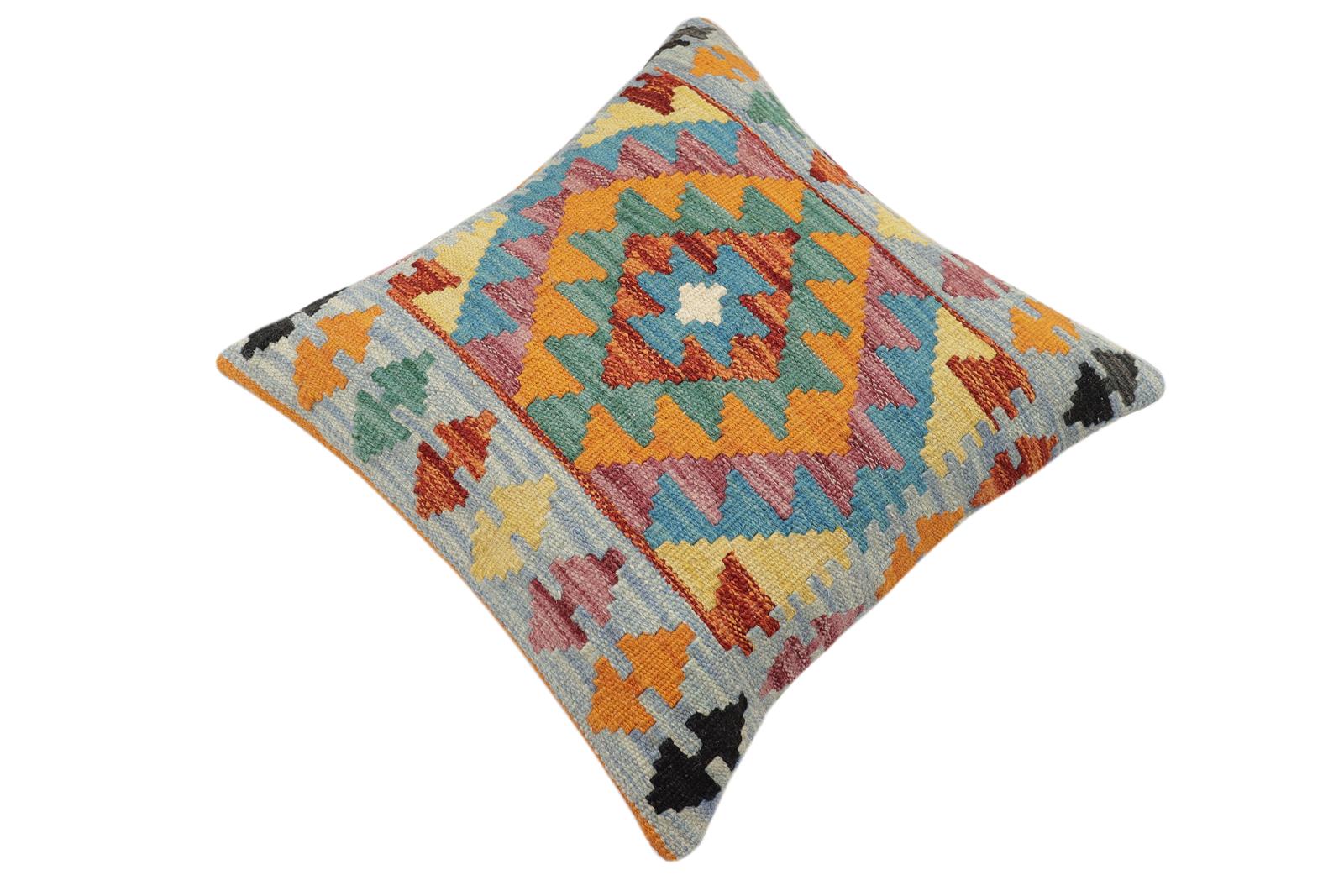 handmade Traditional Pillow Blue Rust Hand-Woven SQUARE 100% WOOL Hand woven turkish pillow2' x 2'
