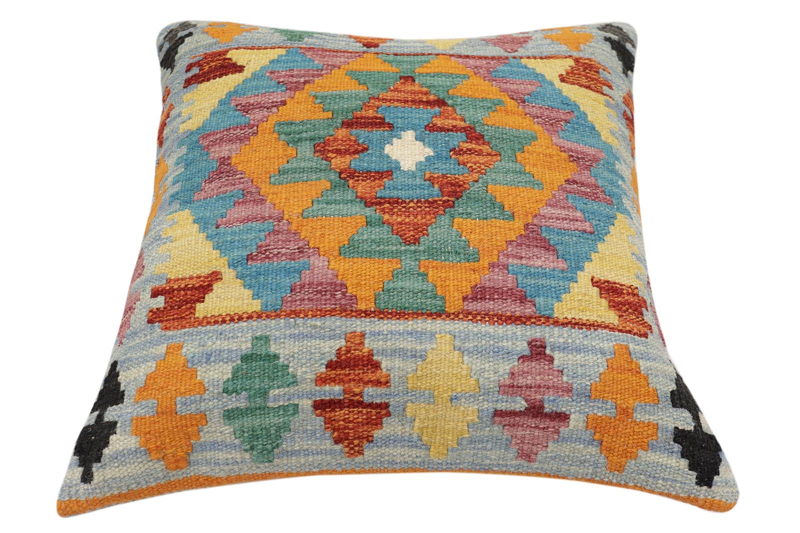 handmade Traditional Pillow Blue Rust Hand-Woven SQUARE 100% WOOL Hand woven turkish pillow2' x 2'