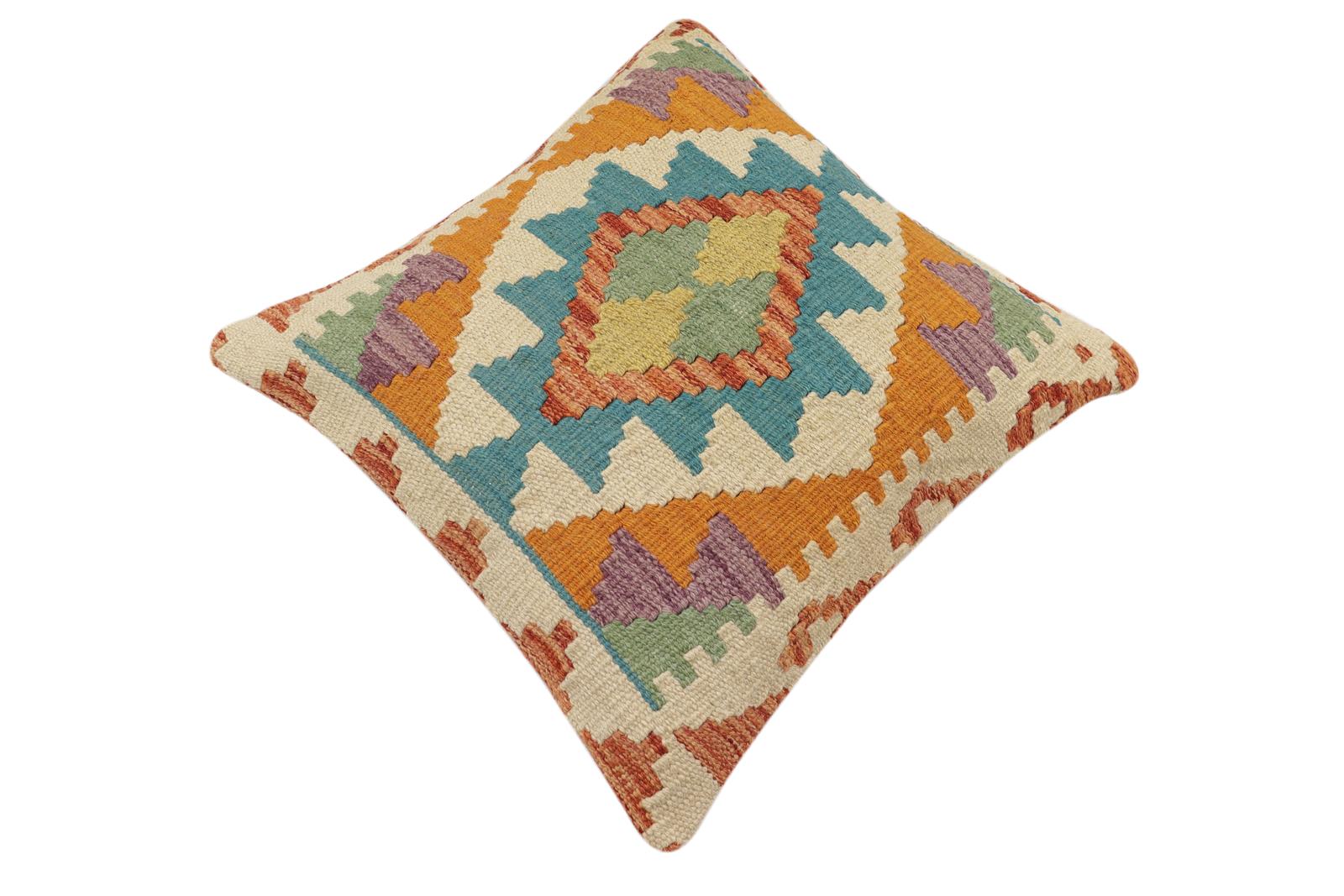 handmade Traditional Pillow Rust Blue Hand-Woven SQUARE 100% WOOL Hand woven turkish pillow2' x 2'