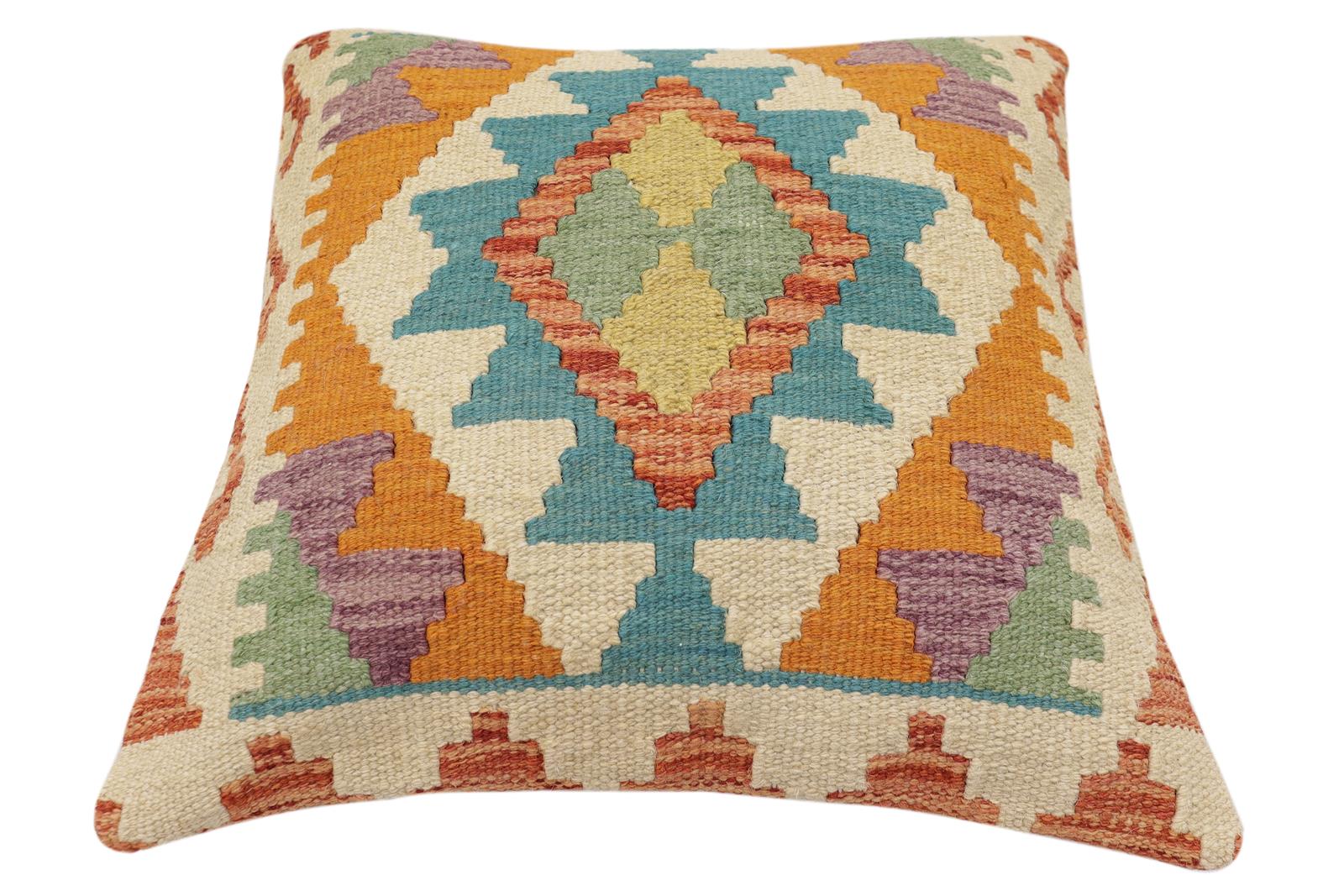 handmade Traditional Pillow Rust Blue Hand-Woven SQUARE 100% WOOL Hand woven turkish pillow2' x 2'