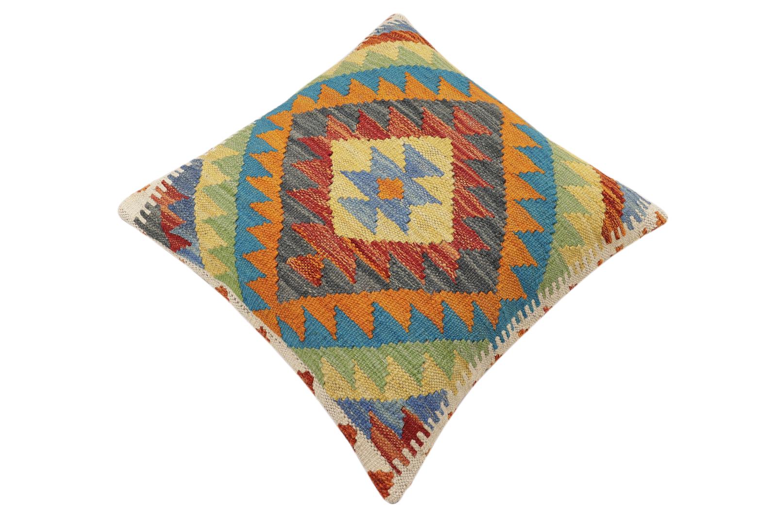 handmade Traditional Pillow Rust Blue Hand-Woven SQUARE 100% WOOL Hand woven turkish pillow2' x 2'