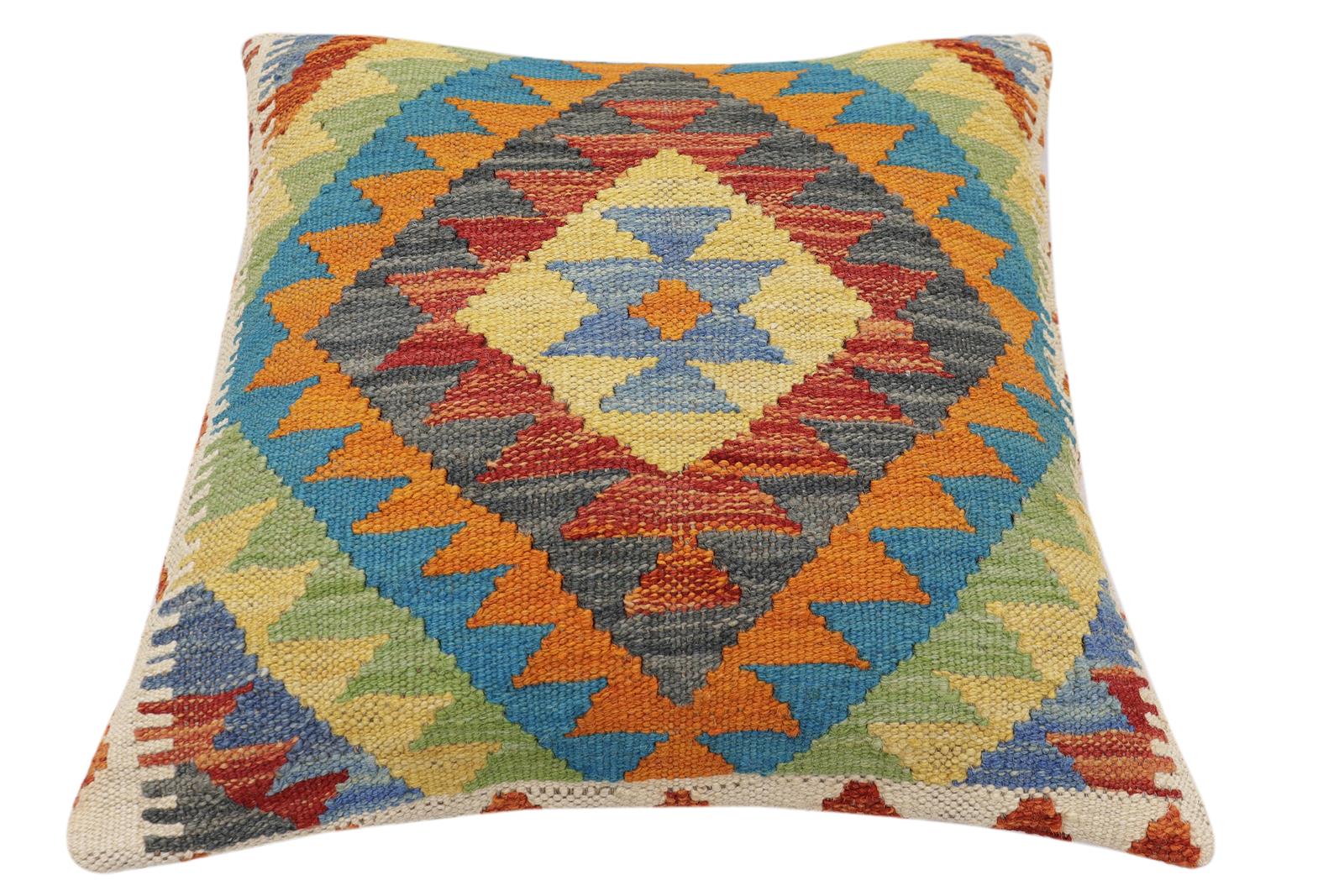 handmade Traditional Pillow Rust Blue Hand-Woven SQUARE 100% WOOL Hand woven turkish pillow2' x 2'