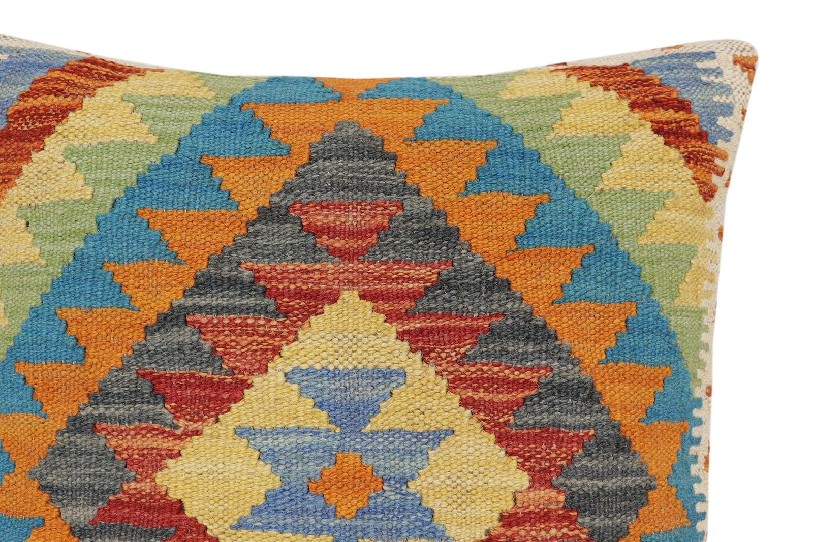 handmade Traditional Pillow Rust Blue Hand-Woven SQUARE 100% WOOL Hand woven turkish pillow2' x 2'
