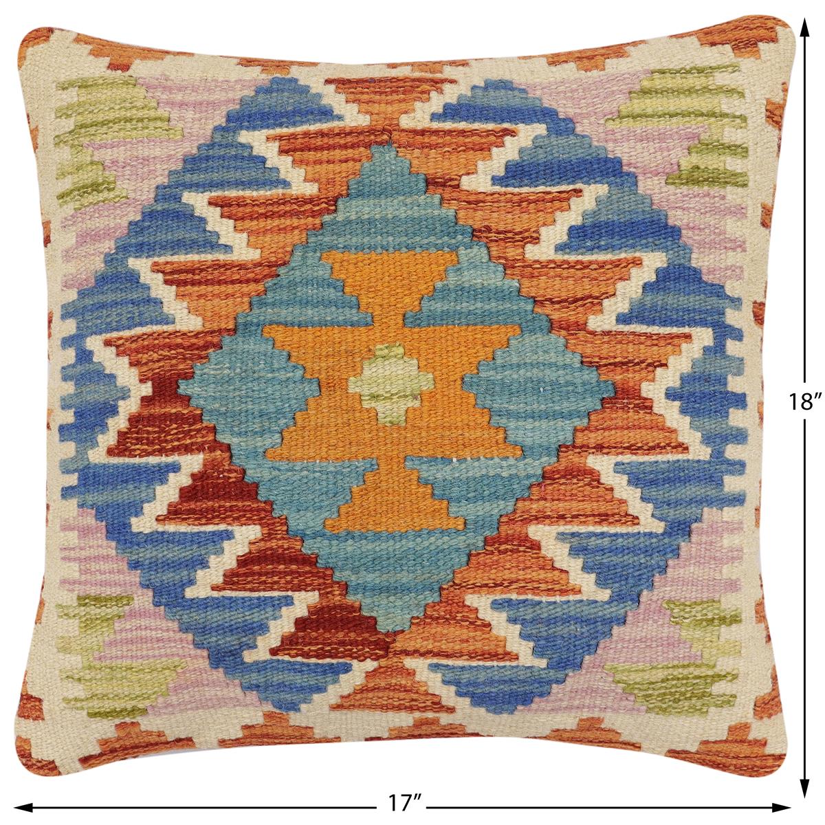 handmade Traditional Pillow Rust Blue Hand-Woven SQUARE 100% WOOL  Hand woven turkish pillow  2 x 2