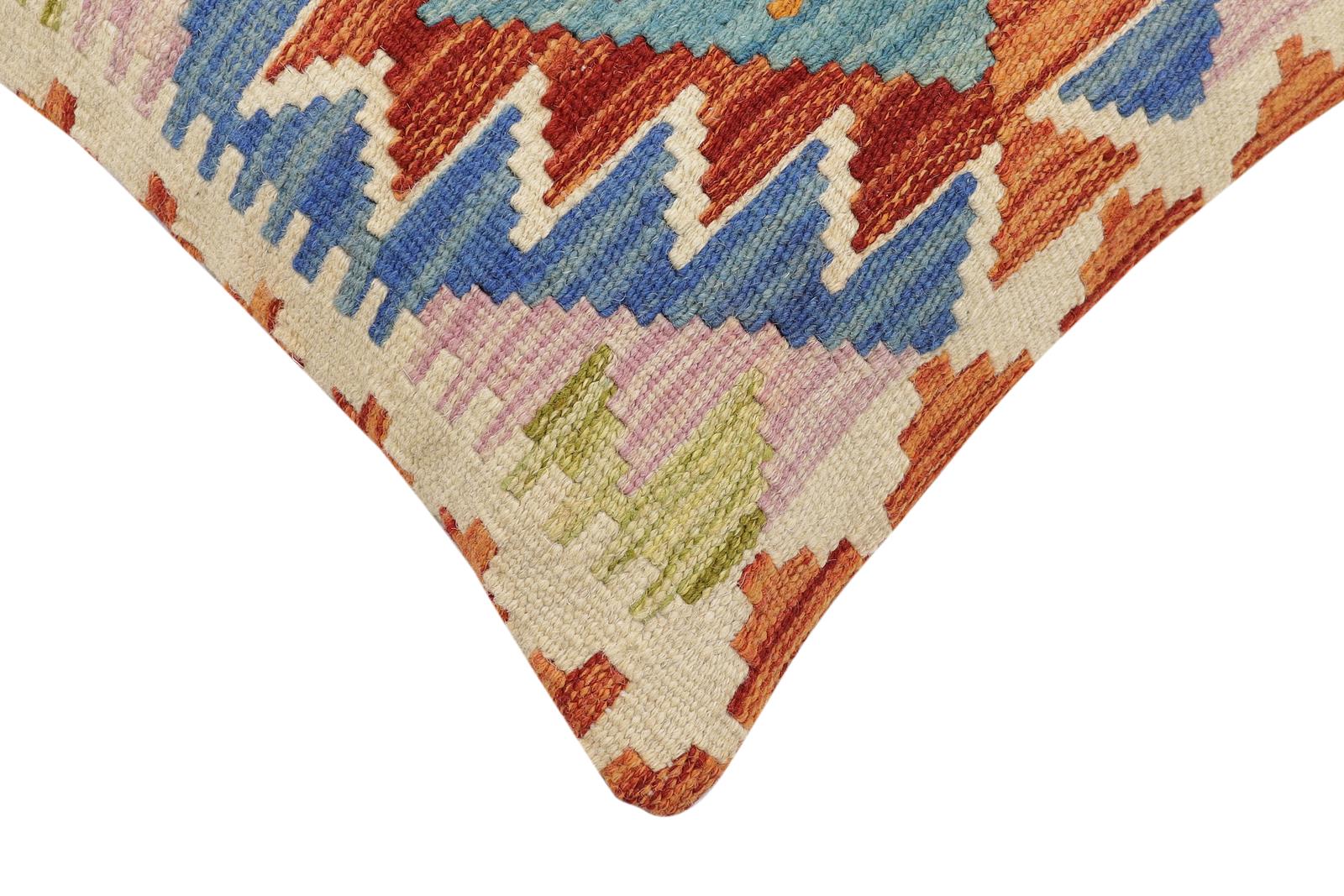 handmade Traditional Pillow Rust Blue Hand-Woven SQUARE 100% WOOL  Hand woven turkish pillow  2 x 2