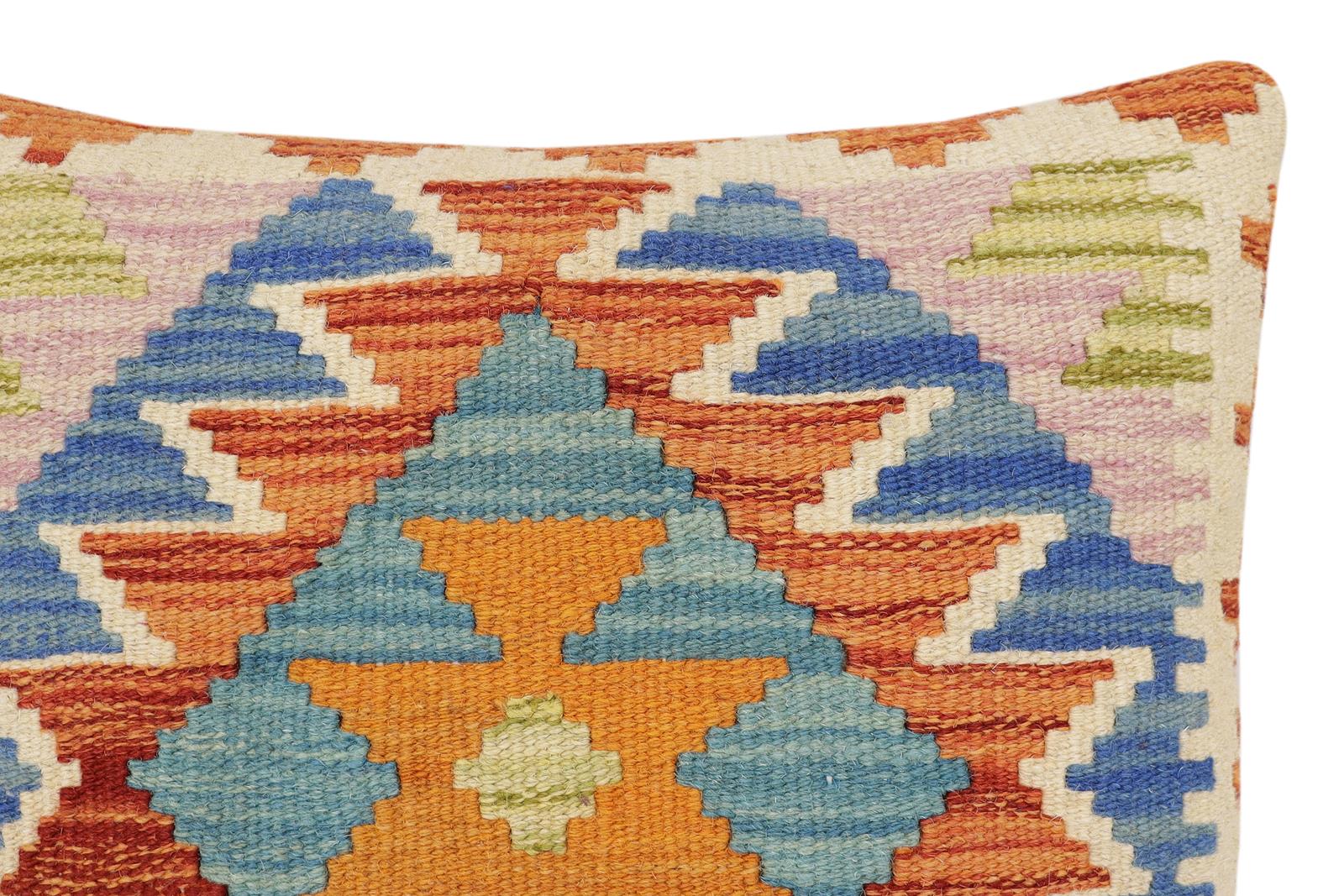 handmade Traditional Pillow Rust Blue Hand-Woven SQUARE 100% WOOL  Hand woven turkish pillow  2 x 2