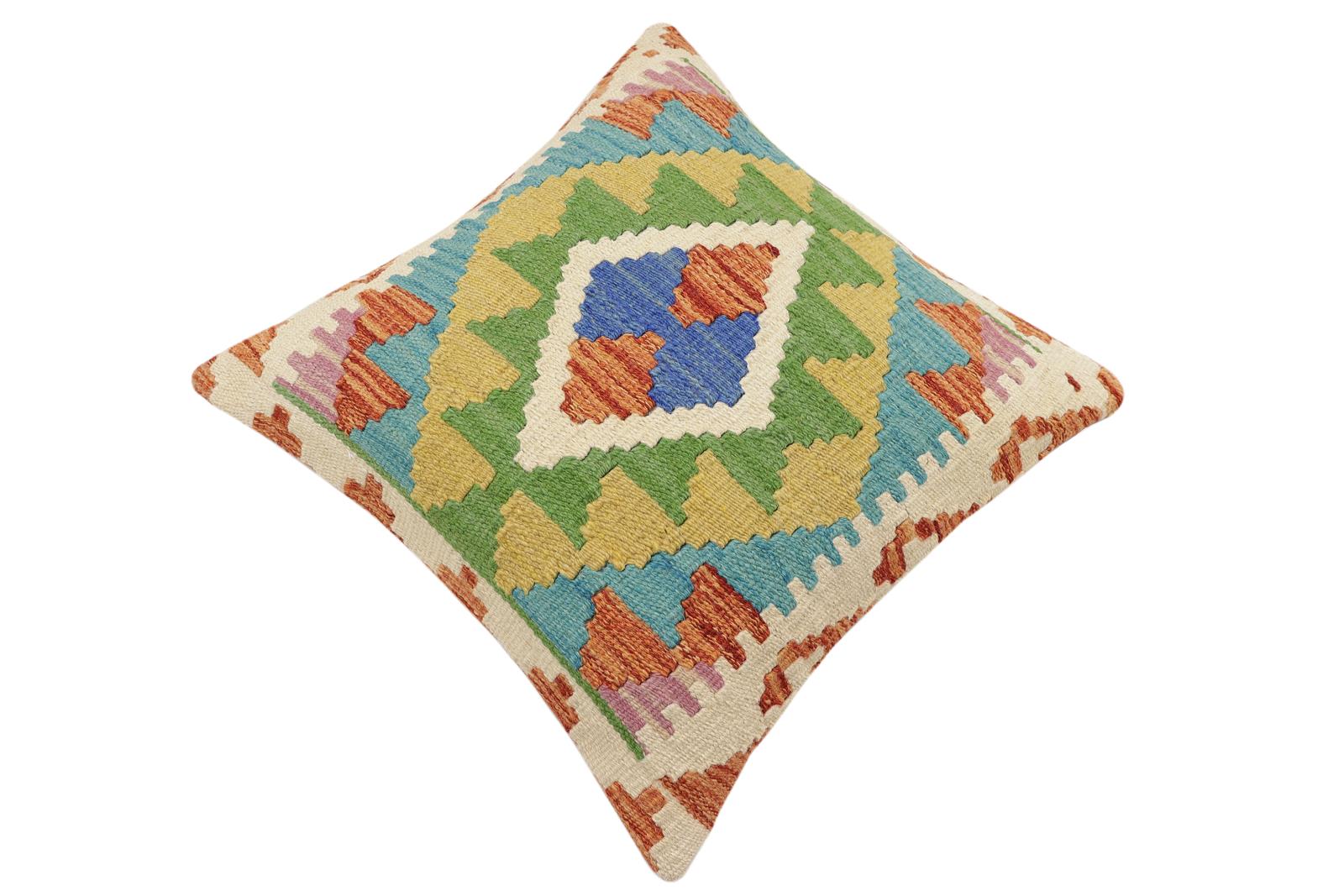 handmade Traditional Pillow Rust Blue Hand-Woven SQUARE 100% WOOL Hand woven turkish pillow2' x 2'