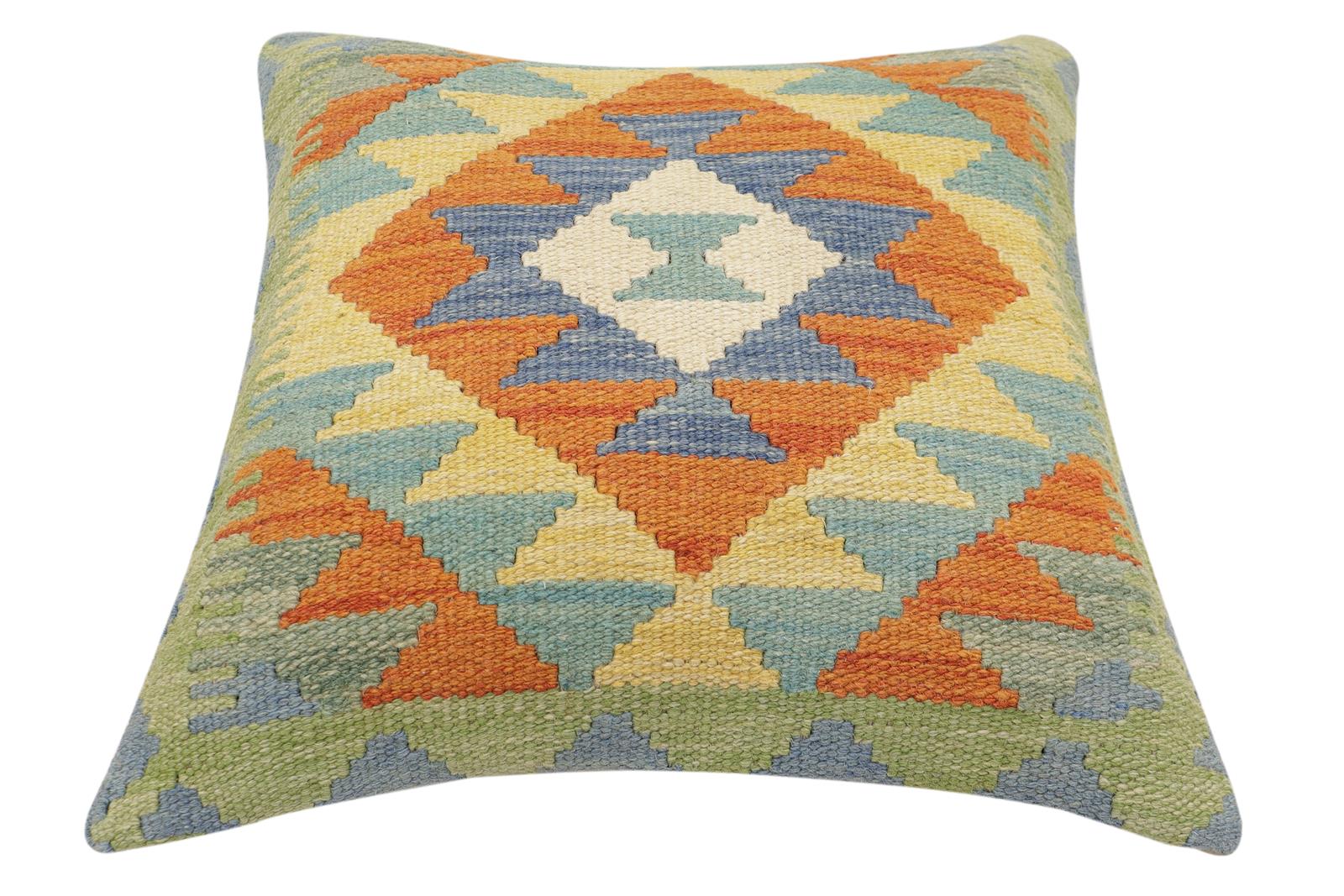 handmade Traditional Pillow Rust Blue Hand-Woven SQUARE 100% WOOL Hand woven turkish pillow2' x 2'