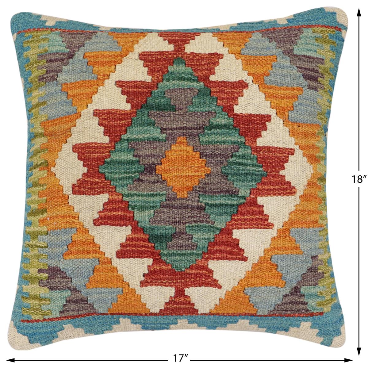 handmade Traditional Pillow Rust Blue Hand-Woven SQUARE 100% WOOL  Hand woven turkish pillow  2 x 2