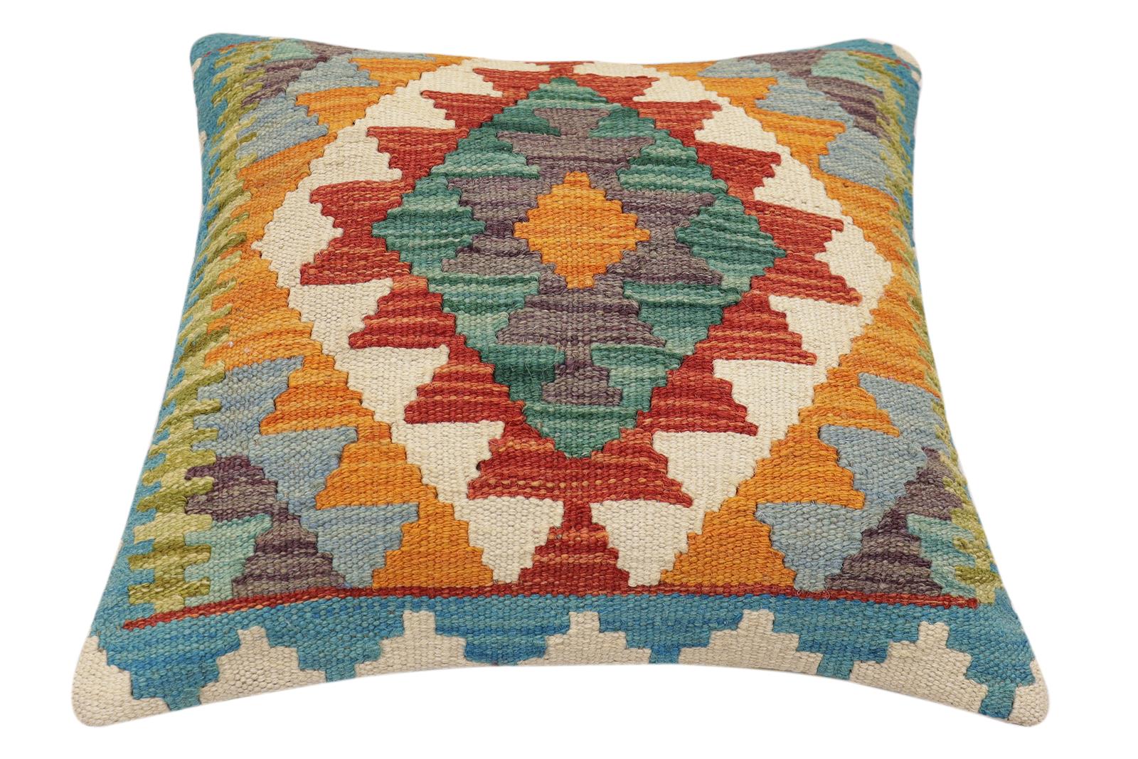 handmade Traditional Pillow Rust Blue Hand-Woven SQUARE 100% WOOL  Hand woven turkish pillow  2 x 2