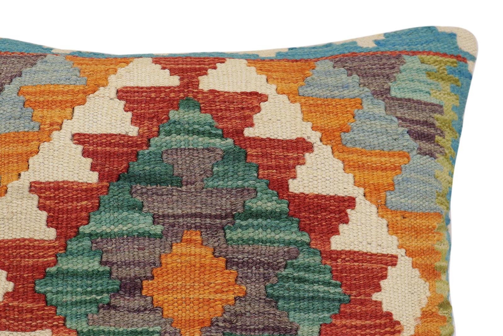 handmade Traditional Pillow Rust Blue Hand-Woven SQUARE 100% WOOL  Hand woven turkish pillow  2 x 2