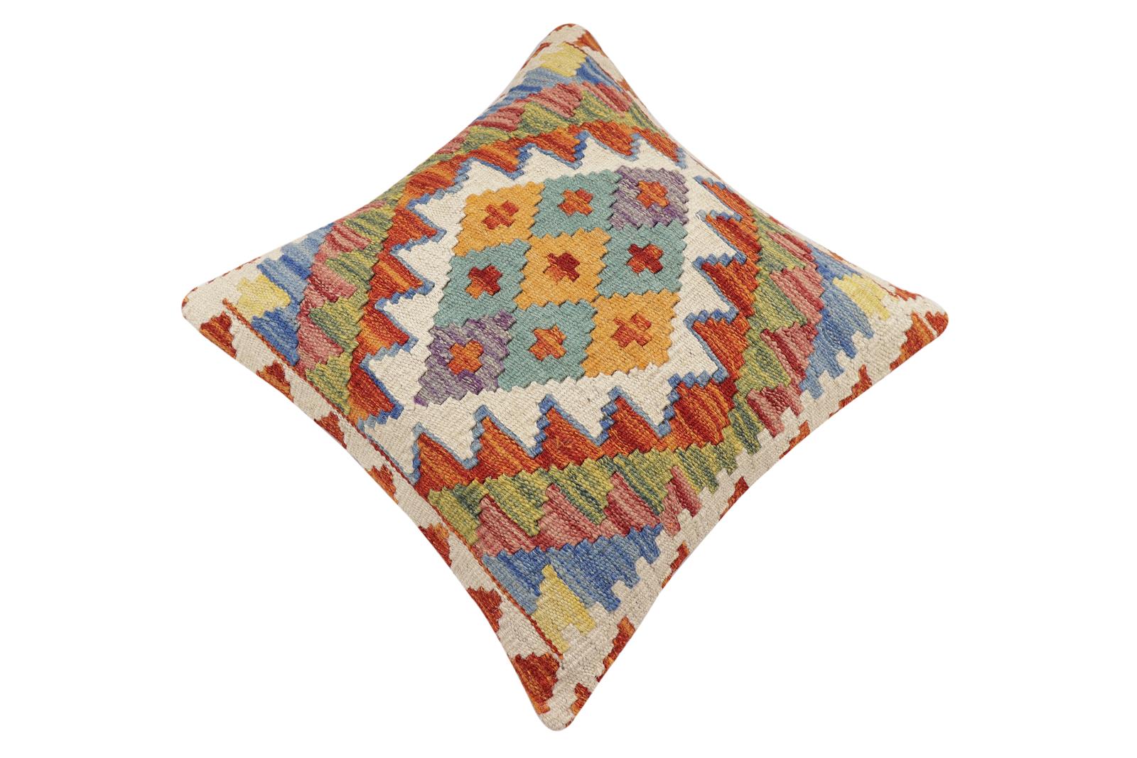 handmade Traditional Pillow Rust Blue Hand-Woven SQUARE 100% WOOL Hand woven turkish pillow2' x 2'