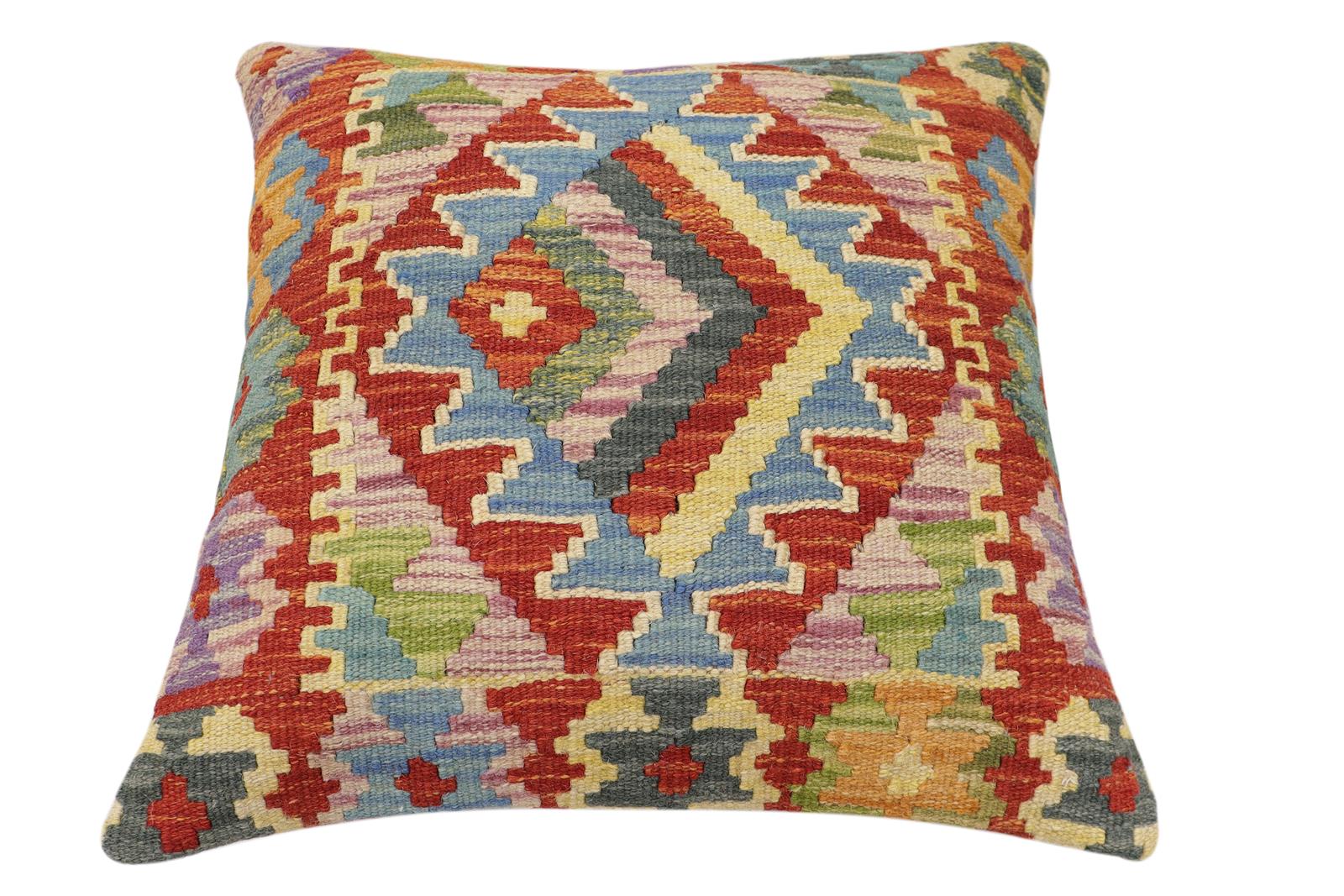 handmade Traditional Pillow Rust Blue Hand-Woven SQUARE 100% WOOL Hand woven turkish pillow2' x 2'