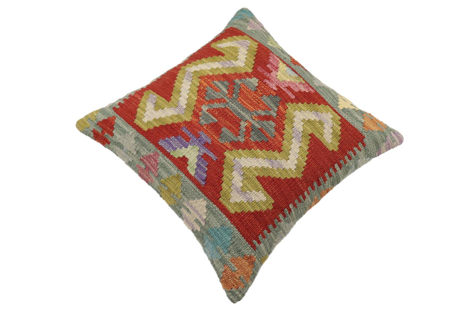 handmade Traditional Pillow Rust Green Hand-Woven SQUARE 100% WOOL Hand woven turkish pillow2' x 2'