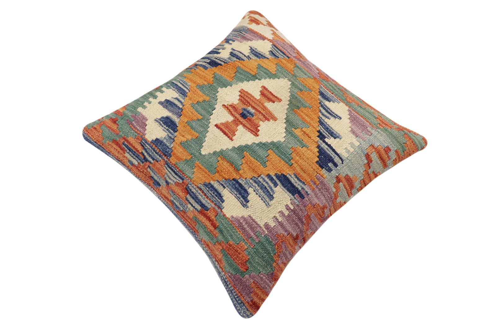 handmade Traditional Pillow Rust Blue Hand-Woven SQUARE 100% WOOL Hand woven turkish pillow2' x 2'