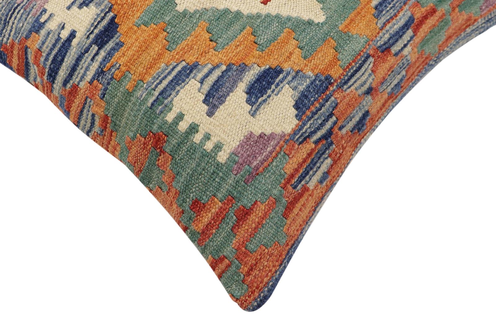 handmade Traditional Pillow Rust Blue Hand-Woven SQUARE 100% WOOL Hand woven turkish pillow2' x 2'