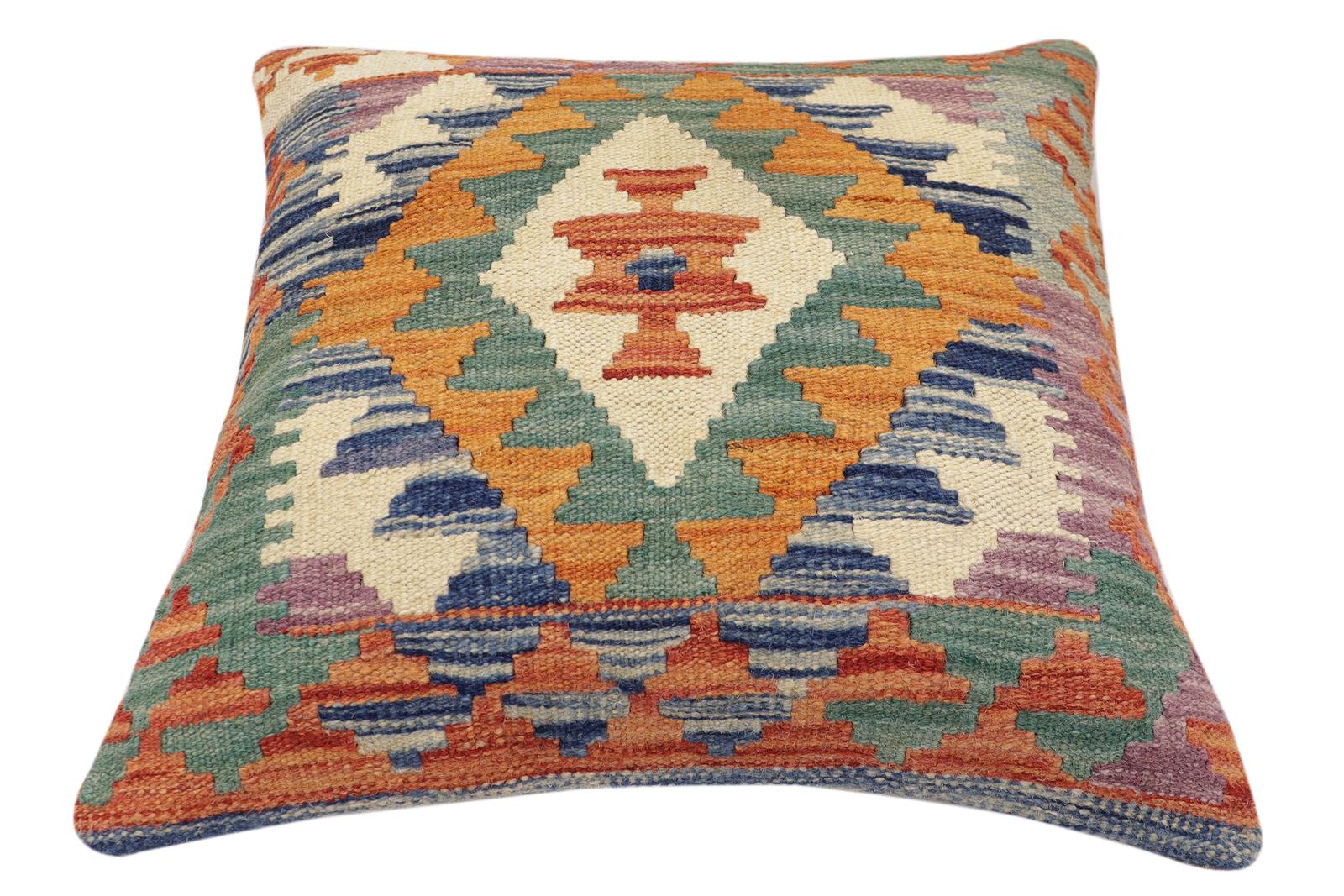 handmade Traditional Pillow Rust Blue Hand-Woven SQUARE 100% WOOL Hand woven turkish pillow2' x 2'