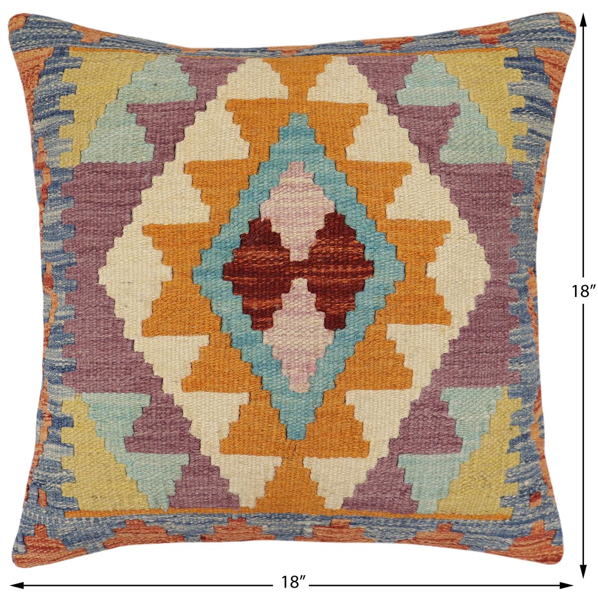 handmade Traditional Pillow Rust Blue Hand-Woven SQUARE 100% WOOL Hand woven turkish pillow2' x 2'