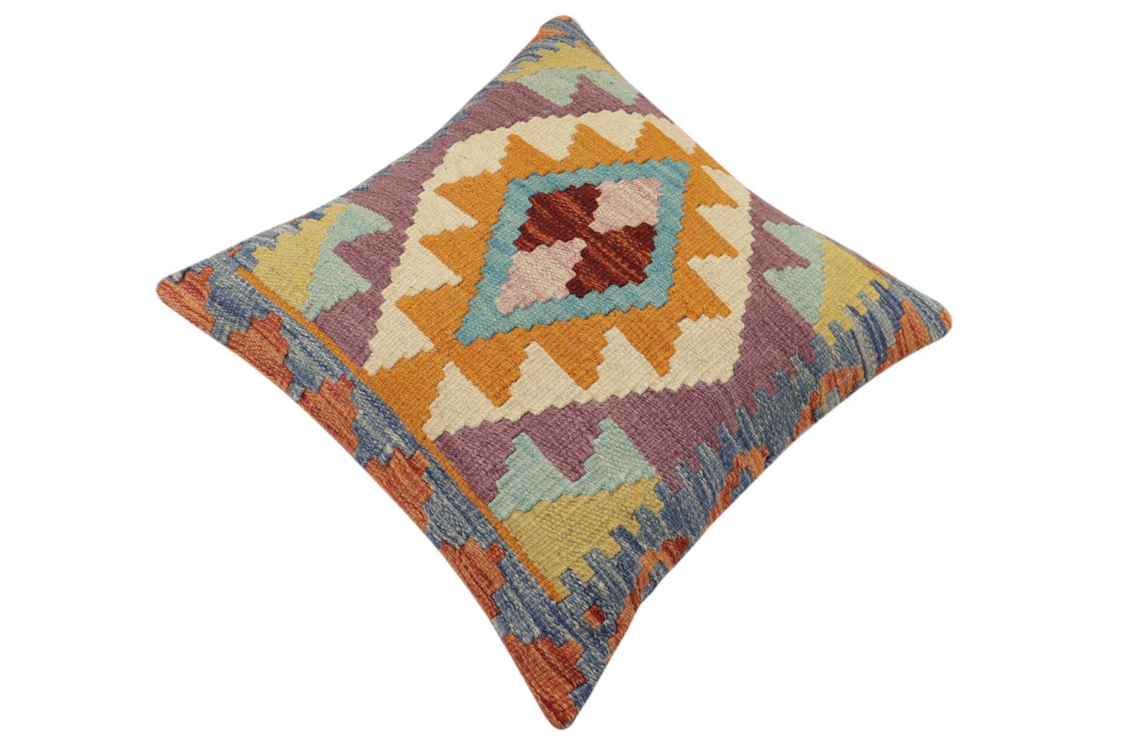 handmade Traditional Pillow Rust Blue Hand-Woven SQUARE 100% WOOL Hand woven turkish pillow2' x 2'