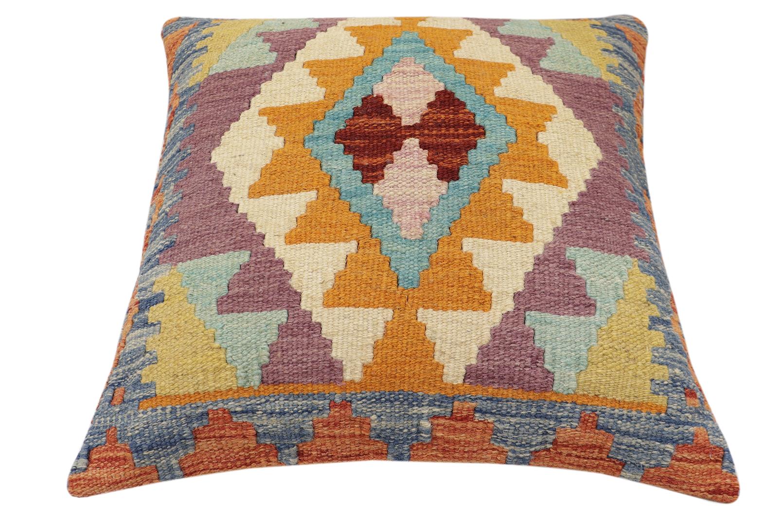 handmade Traditional Pillow Rust Blue Hand-Woven SQUARE 100% WOOL Hand woven turkish pillow2' x 2'