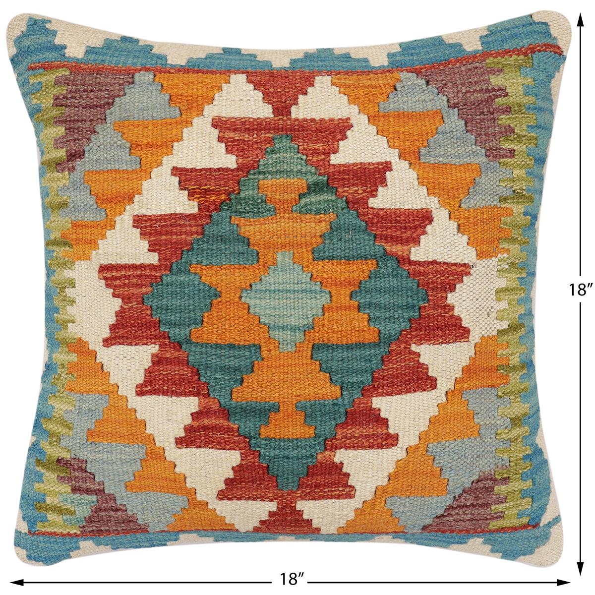 handmade Traditional Pillow Rust Blue Hand-Woven SQUARE 100% WOOL Hand woven turkish pillow2' x 2'