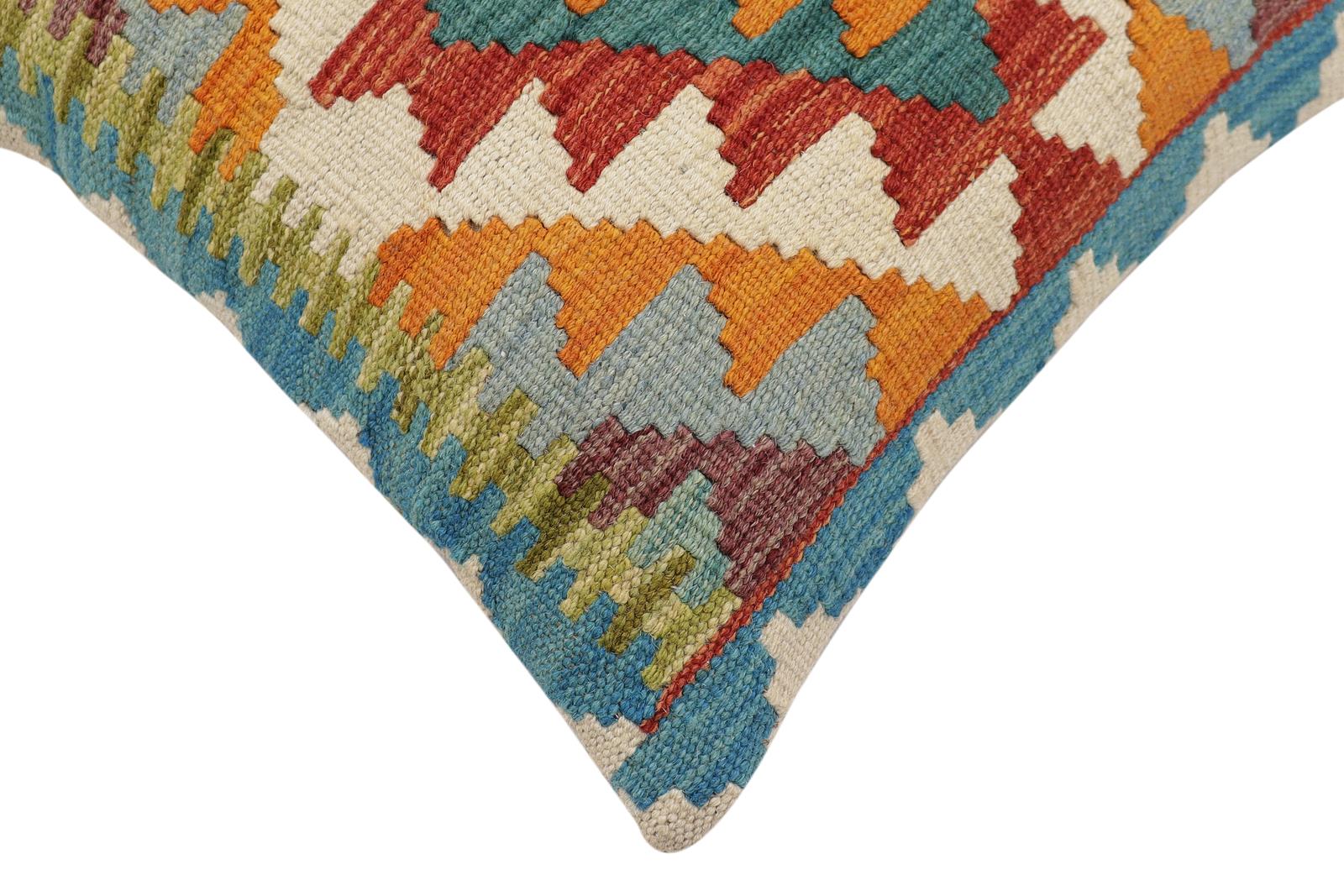 handmade Traditional Pillow Rust Blue Hand-Woven SQUARE 100% WOOL Hand woven turkish pillow2' x 2'