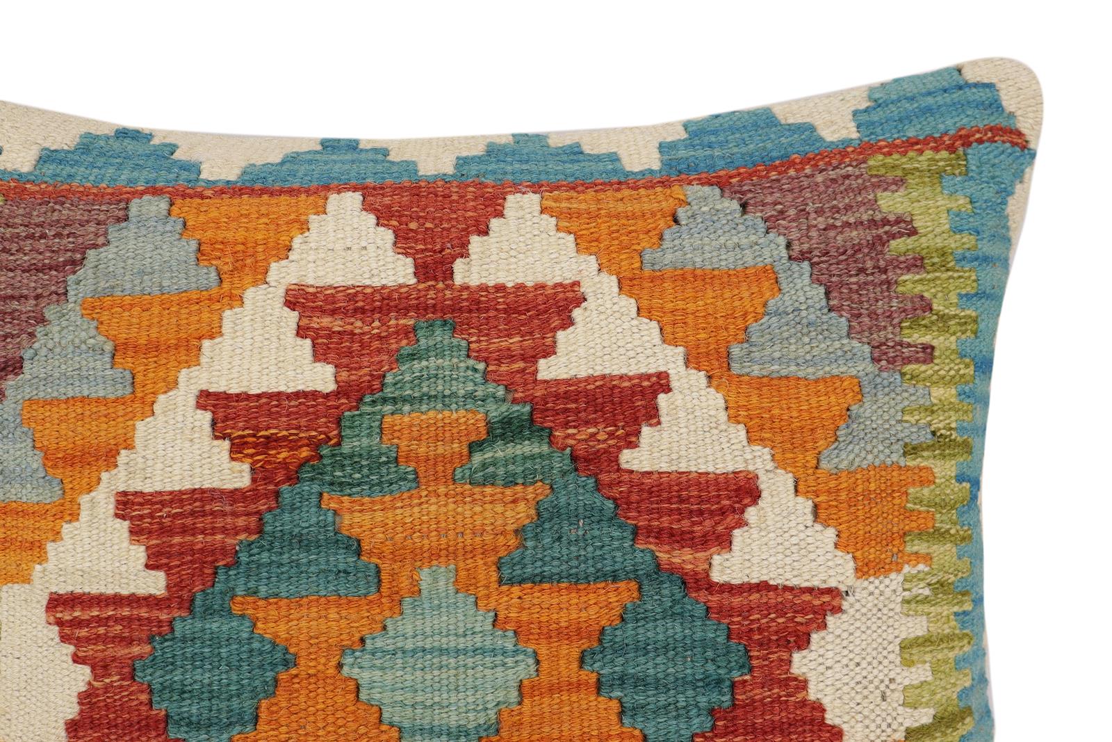 handmade Traditional Pillow Rust Blue Hand-Woven SQUARE 100% WOOL Hand woven turkish pillow2' x 2'