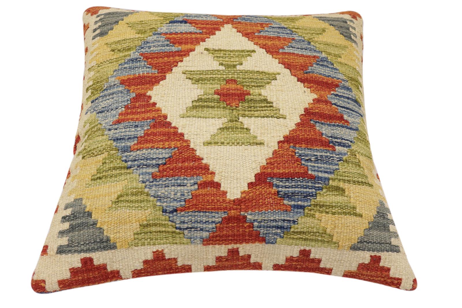 handmade Traditional Pillow Rust Blue Hand-Woven SQUARE 100% WOOL Hand woven turkish pillow2' x 2'