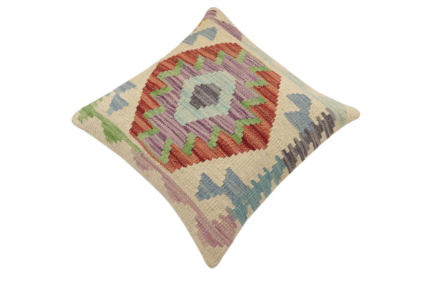 handmade Traditional Pillow Beige Rust Hand-Woven SQUARE 100% WOOL Hand woven turkish pillow2' x 2'